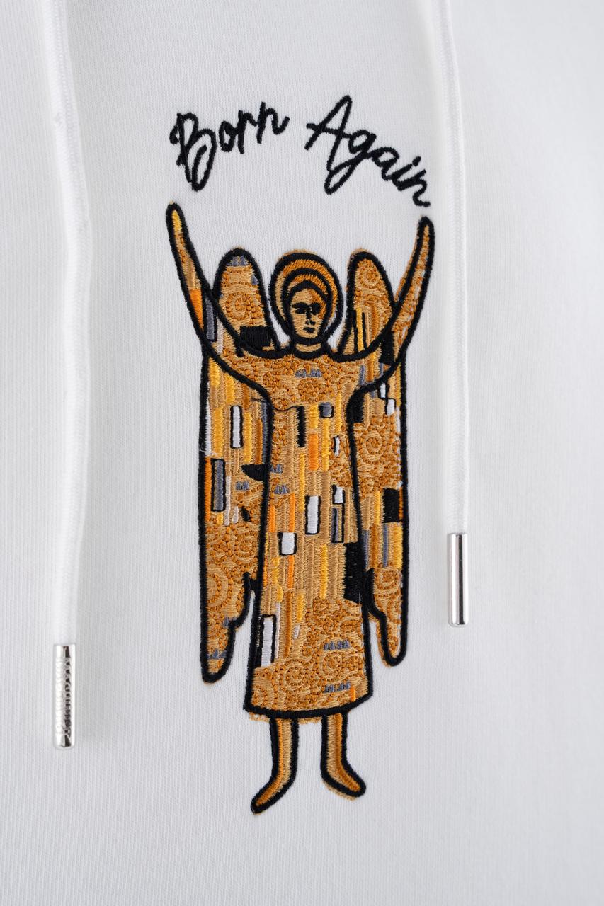 Erkek Melek Nakışlı Şardonlu Kapüşonlu Sweatshirt Ekru