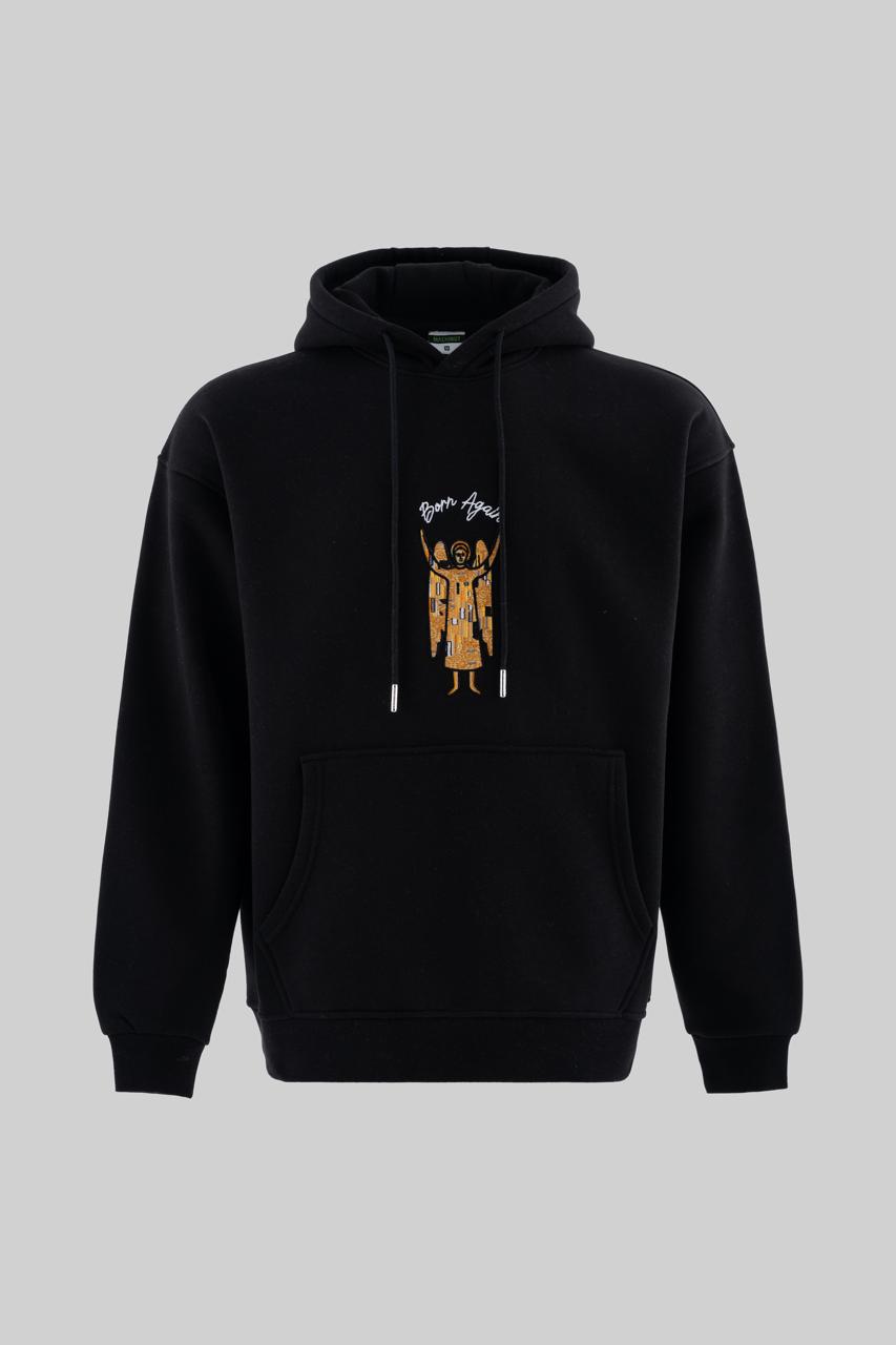 Erkek Melek Nakışlı Şardonlu Kapüşonlu Sweatshirt Siyah