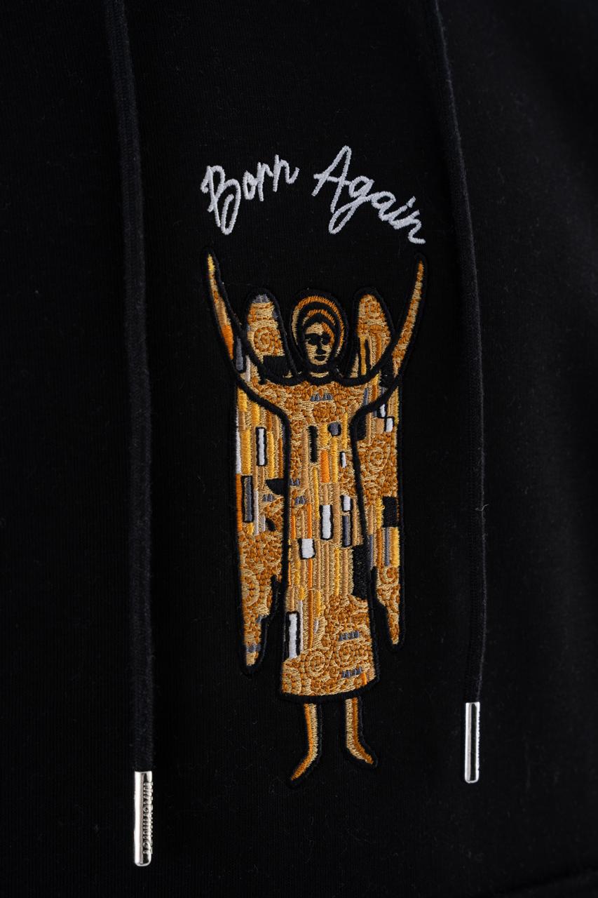 Erkek Melek Nakışlı Şardonlu Kapüşonlu Sweatshirt Siyah