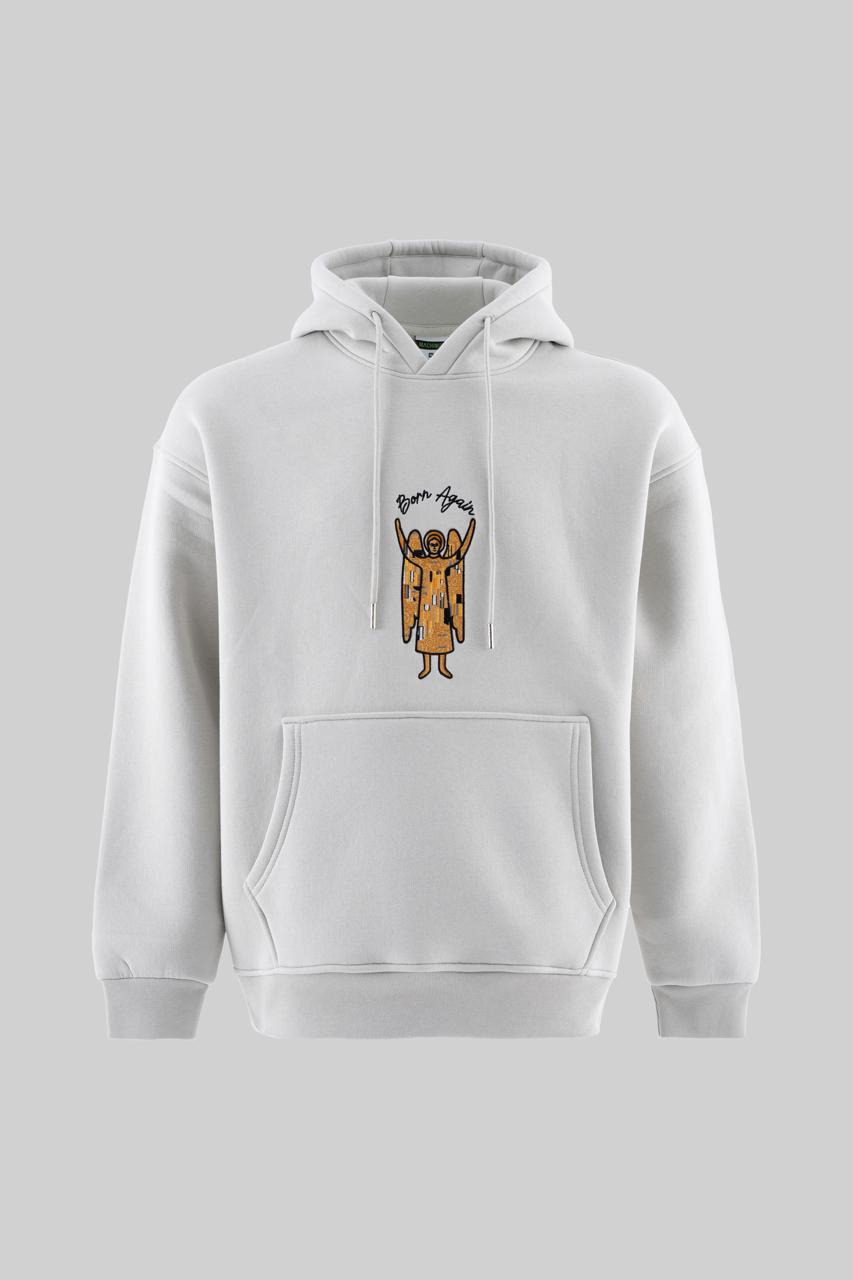 Erkek Melek Nakışlı Şardonlu Kapüşonlu Sweatshirt Uzay Grisi