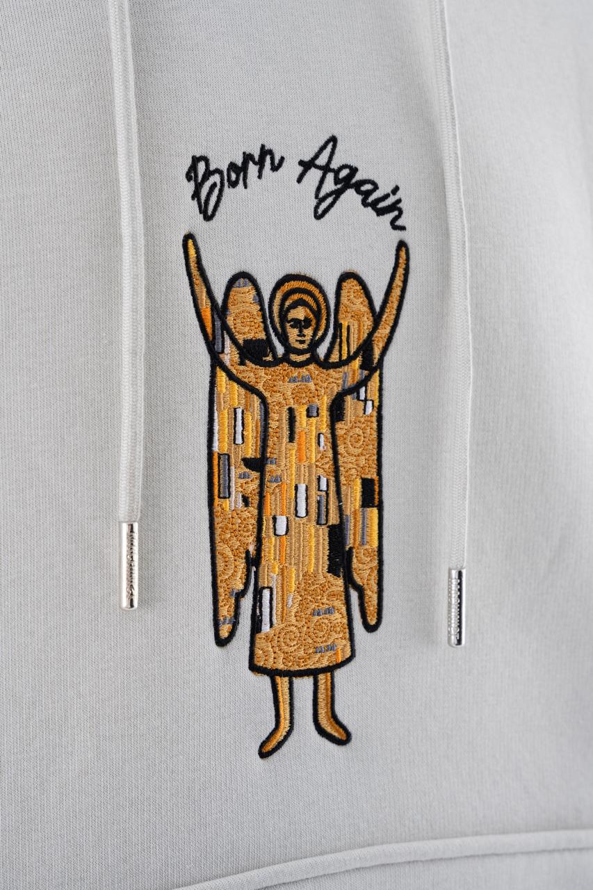 Erkek Melek Nakışlı Şardonlu Kapüşonlu Sweatshirt Uzay Grisi