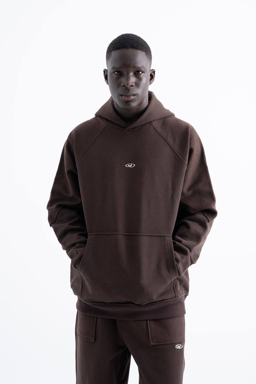 Erkek Metal Etiketli Raglan Kapüşonlu Sweatshirt Koyu Kahverengi
