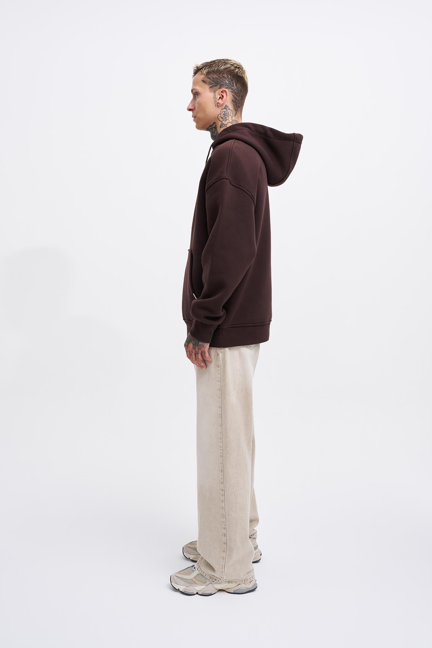 Erkek Middle Finger Baskılı Kapüşonlu Oversize Sweatshirt Koyu Kahverengi