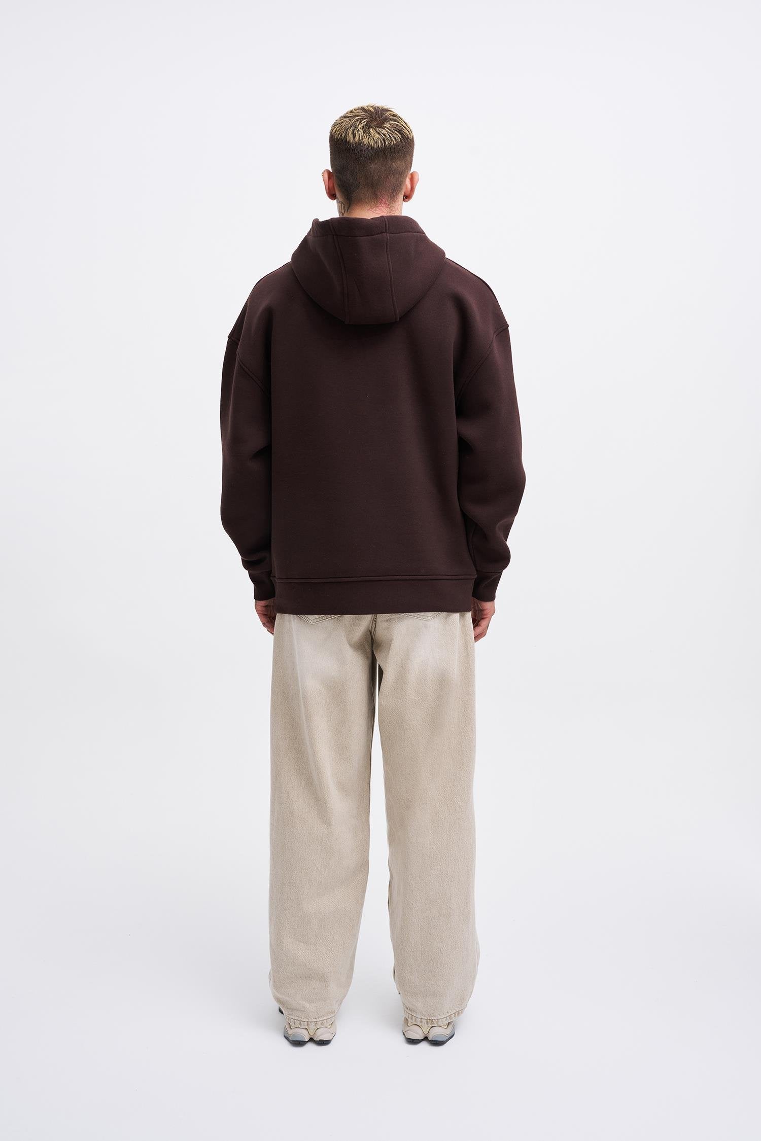 Erkek Middle Finger Baskılı Kapüşonlu Oversize Sweatshirt Koyu Kahverengi
