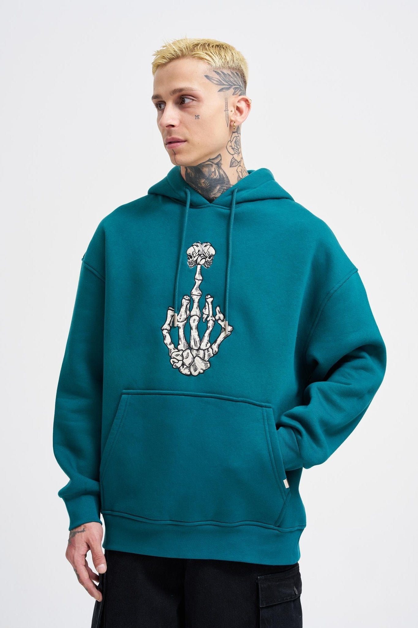 Erkek Middle Finger Baskılı Kapüşonlu Oversize Sweatshirt Petrol Yeşili