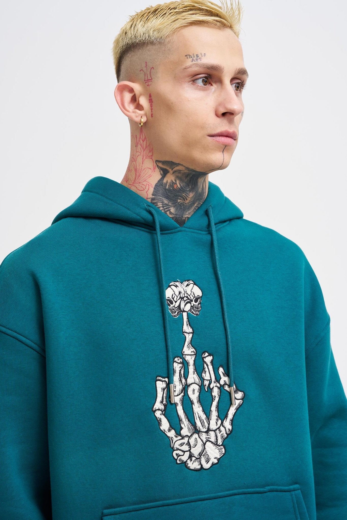 Erkek Middle Finger Baskılı Kapüşonlu Oversize Sweatshirt Petrol Yeşili
