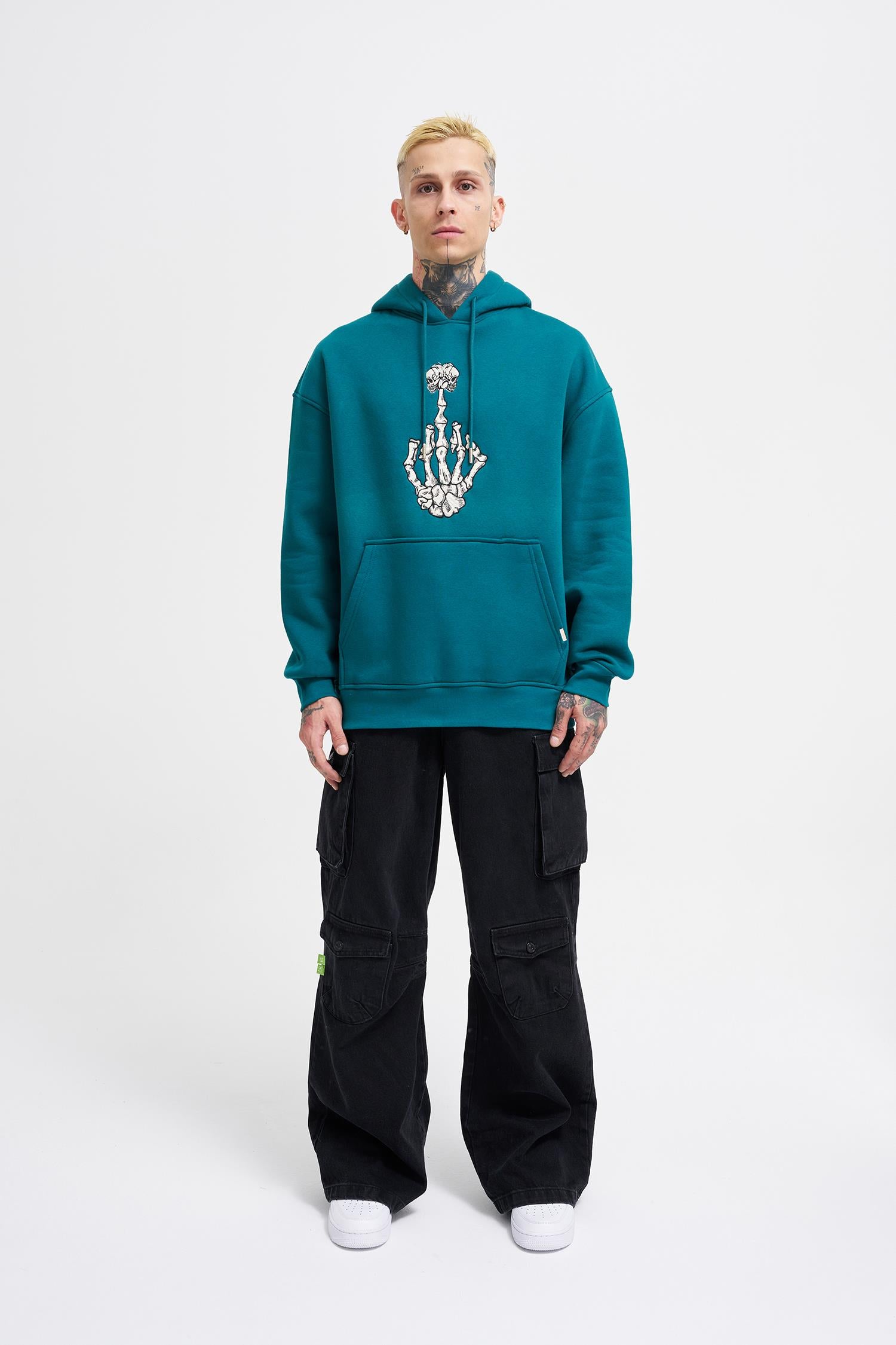 Erkek Middle Finger Baskılı Kapüşonlu Oversize Sweatshirt Petrol Yeşili