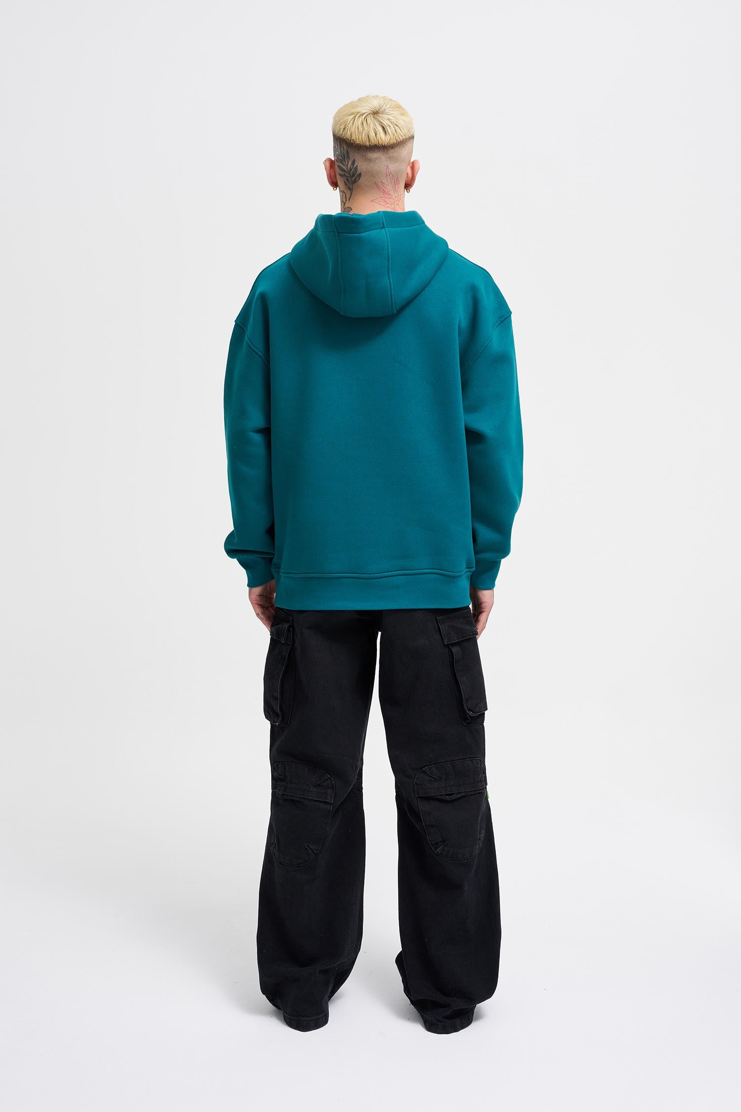 Erkek Middle Finger Baskılı Kapüşonlu Oversize Sweatshirt Petrol Yeşili