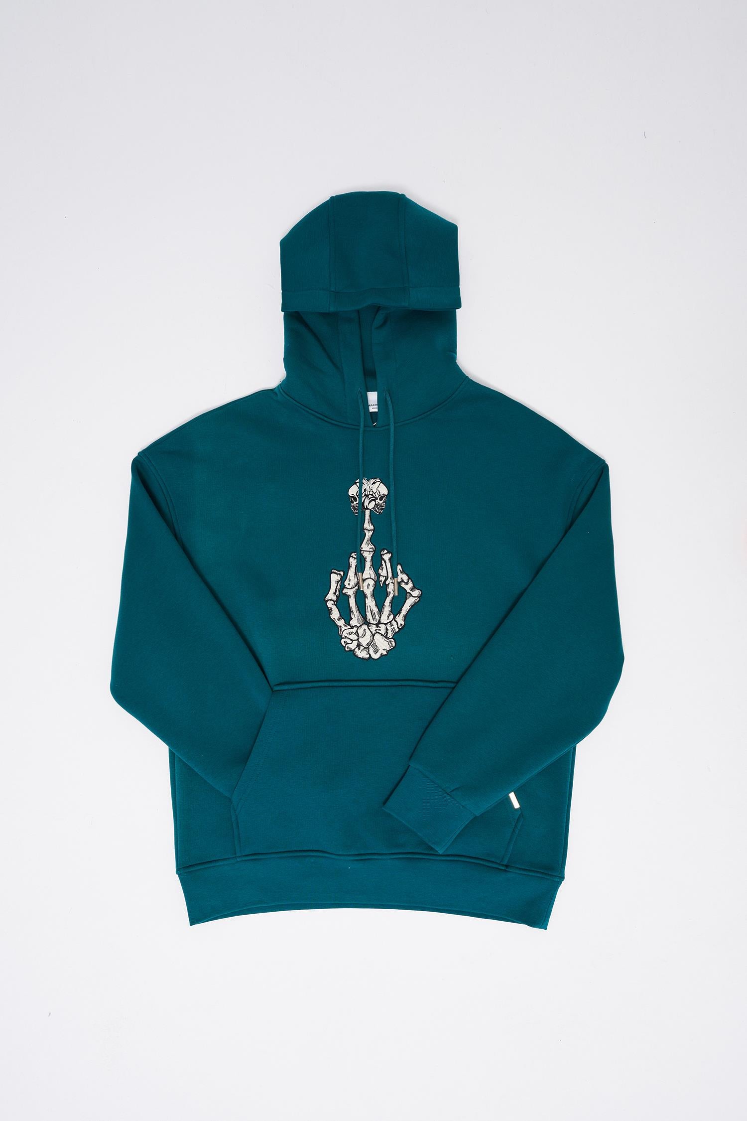 Erkek Middle Finger Baskılı Kapüşonlu Oversize Sweatshirt Petrol Yeşili