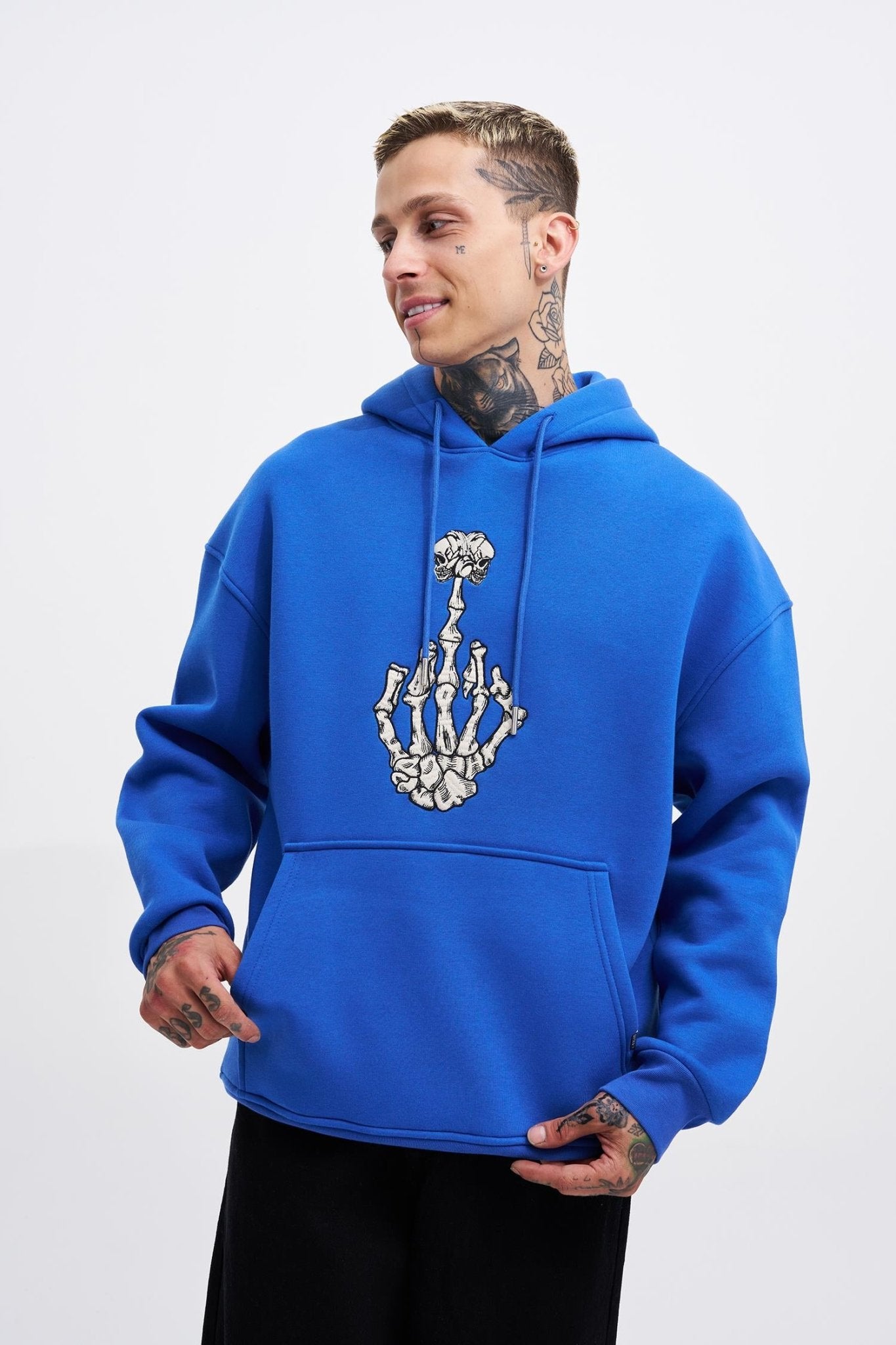 Erkek Middle Finger Baskılı Kapüşonlu Oversize Sweatshirt Saks Mavi
