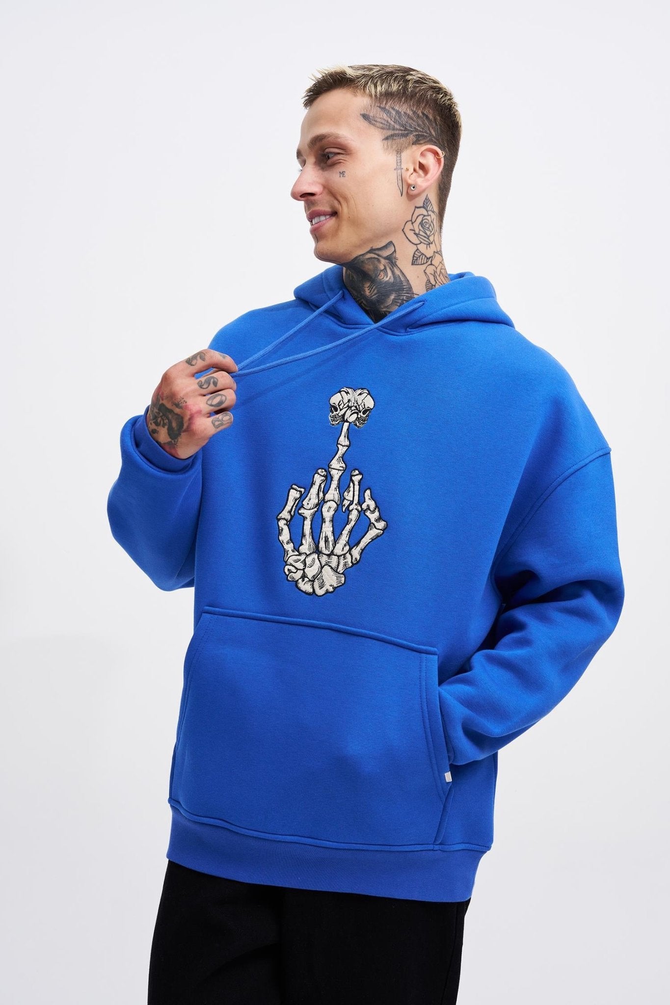 Erkek Middle Finger Baskılı Kapüşonlu Oversize Sweatshirt Saks Mavi