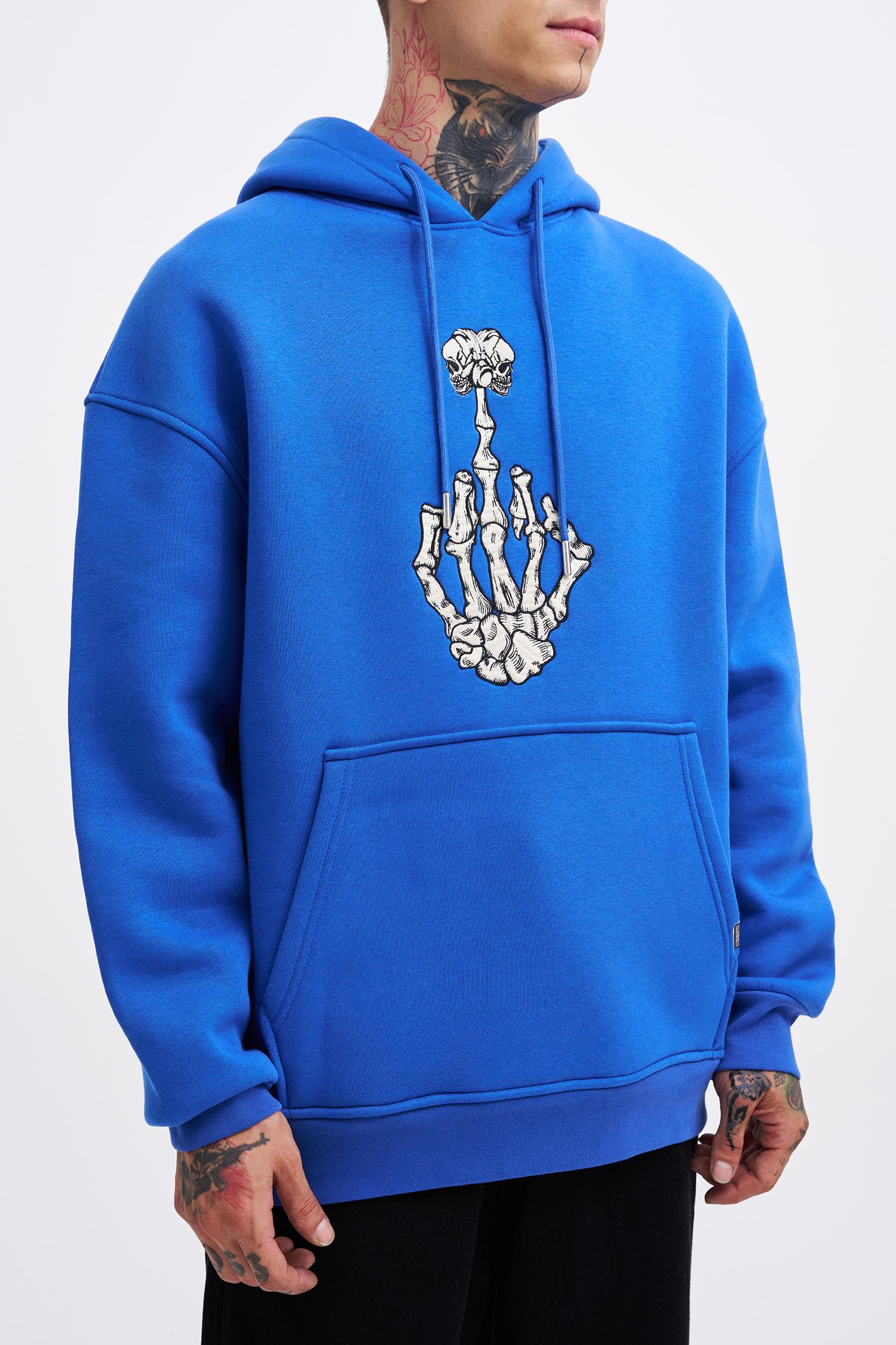 Erkek Middle Finger Baskılı Kapüşonlu Oversize Sweatshirt Saks Mavi