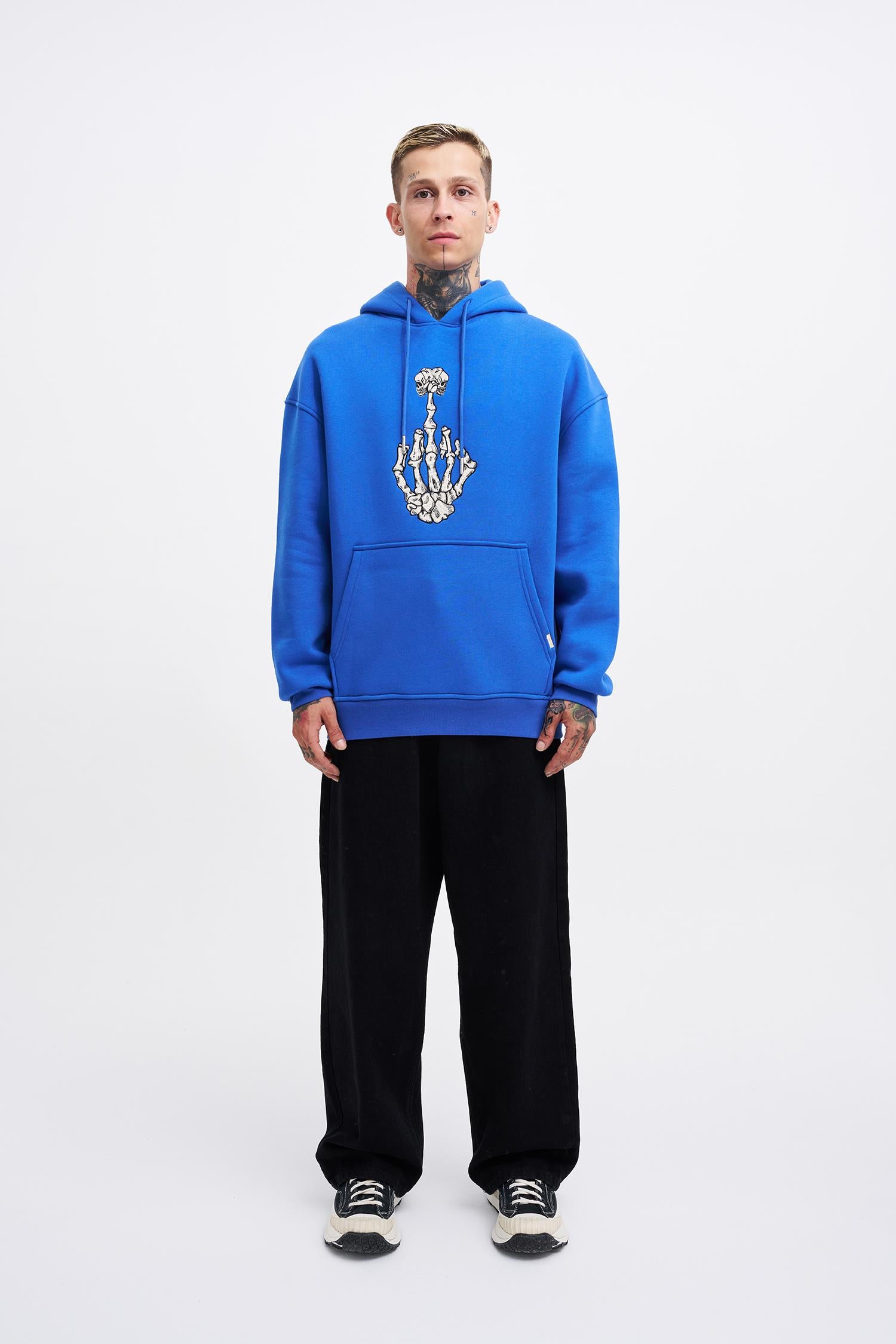 Erkek Middle Finger Baskılı Kapüşonlu Oversize Sweatshirt Saks Mavi