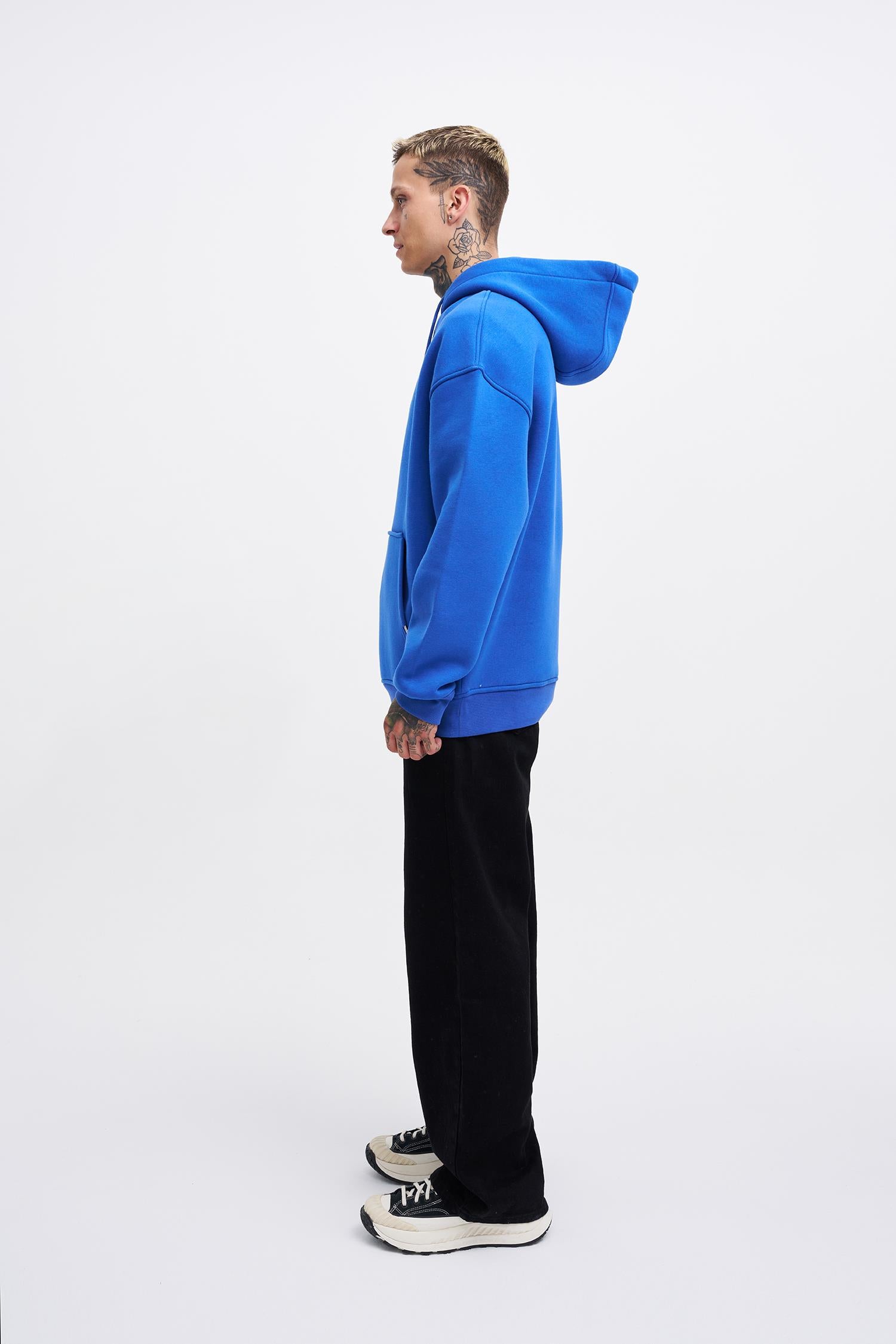 Erkek Middle Finger Baskılı Kapüşonlu Oversize Sweatshirt Saks Mavi