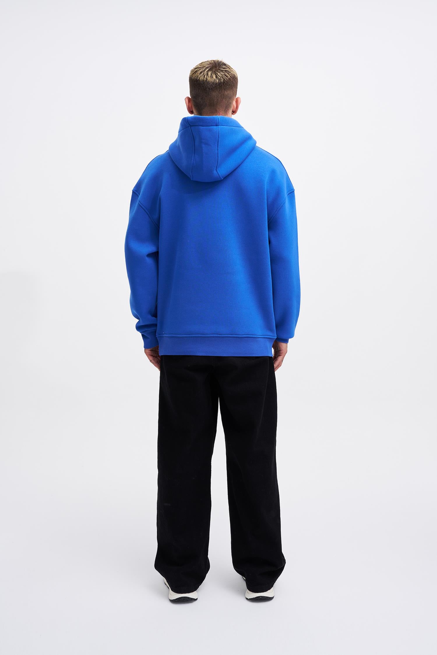 Erkek Middle Finger Baskılı Kapüşonlu Oversize Sweatshirt Saks Mavi