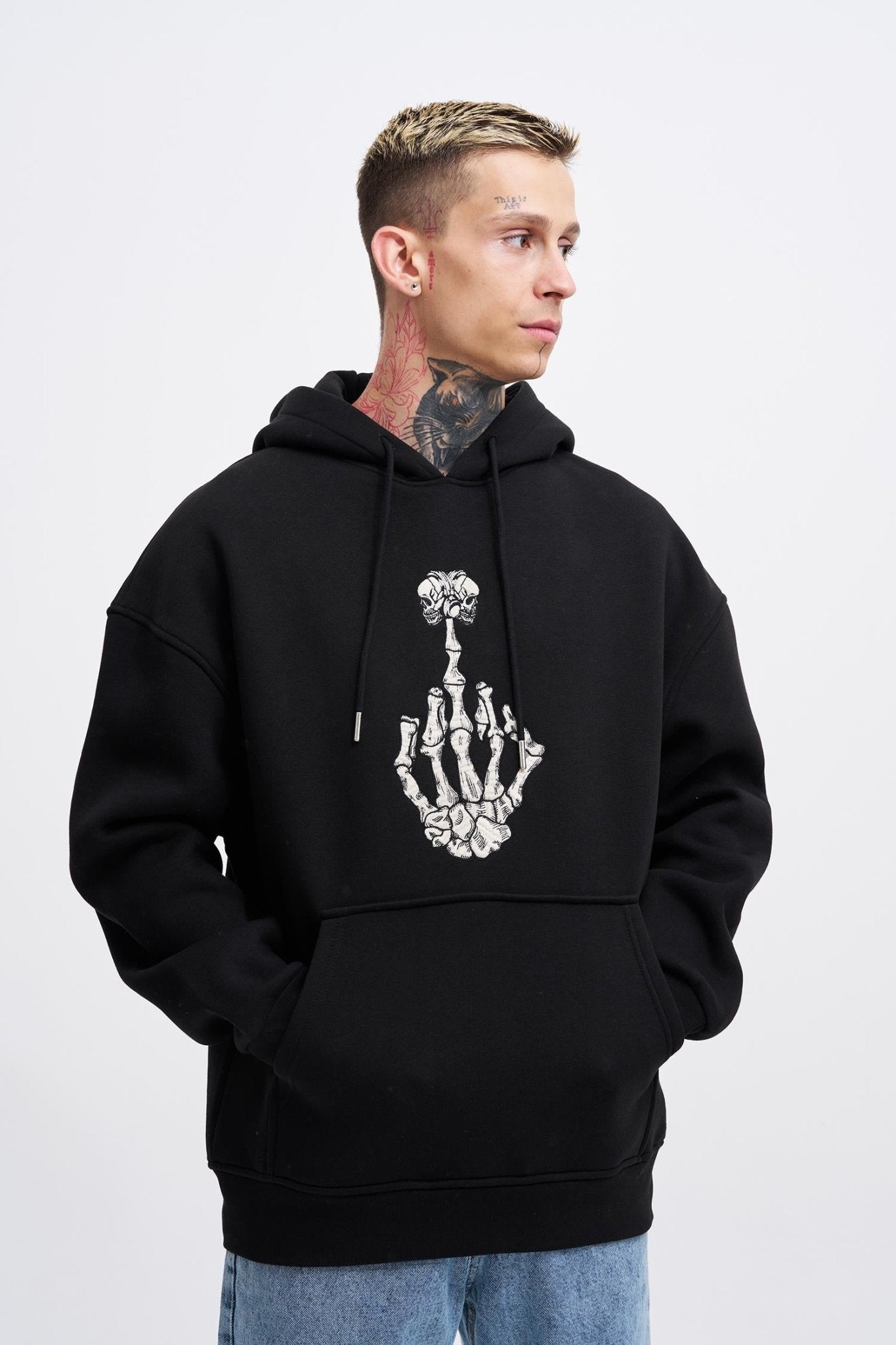 Erkek Middle Finger Baskılı Kapüşonlu Oversize Sweatshirt Siyah