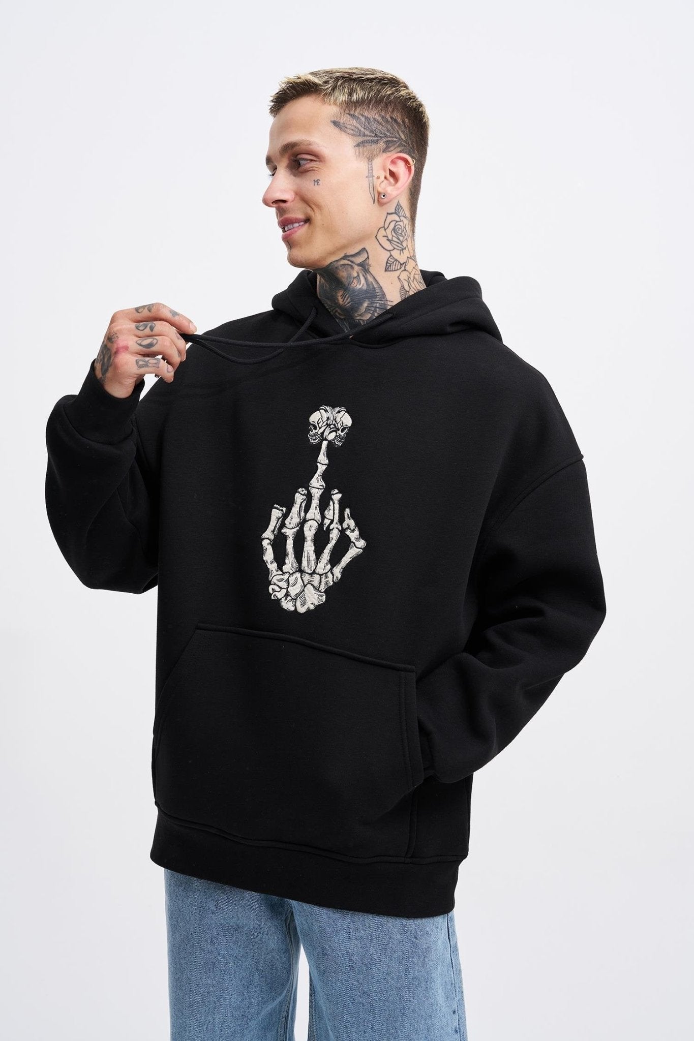 Erkek Middle Finger Baskılı Kapüşonlu Oversize Sweatshirt Siyah
