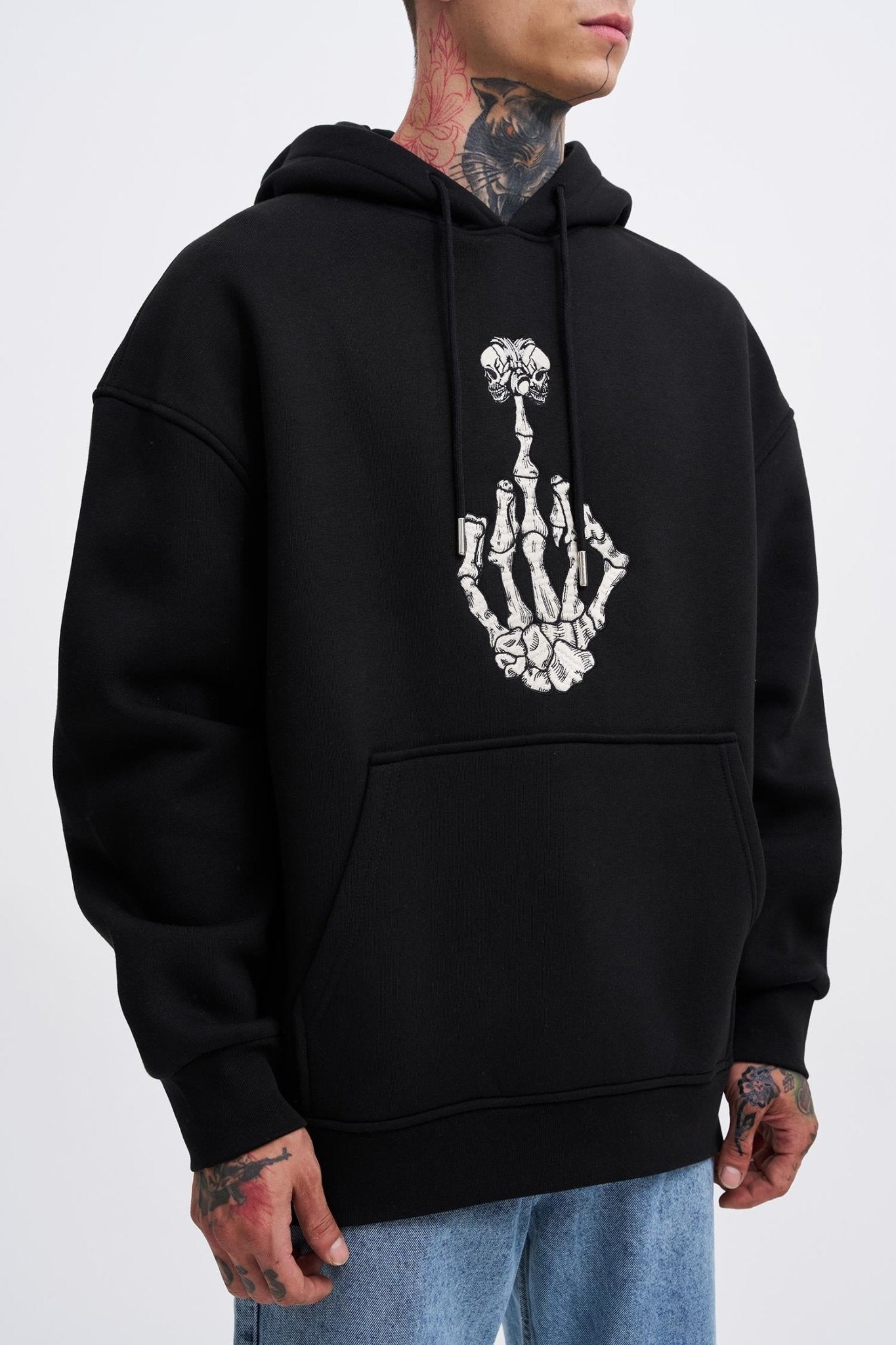 Erkek Middle Finger Baskılı Kapüşonlu Oversize Sweatshirt Siyah