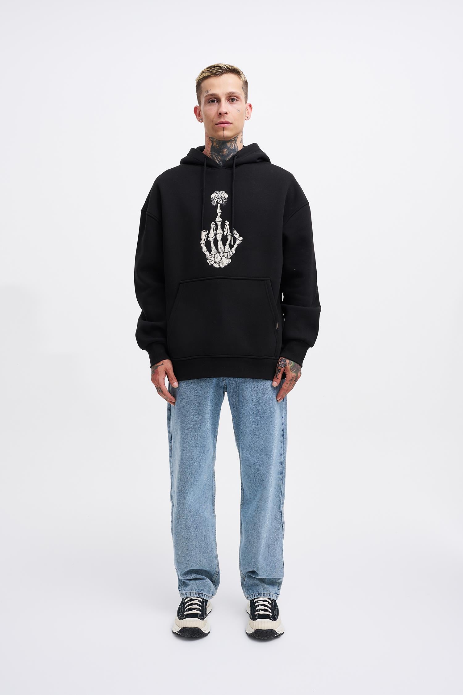 Erkek Middle Finger Baskılı Kapüşonlu Oversize Sweatshirt Siyah