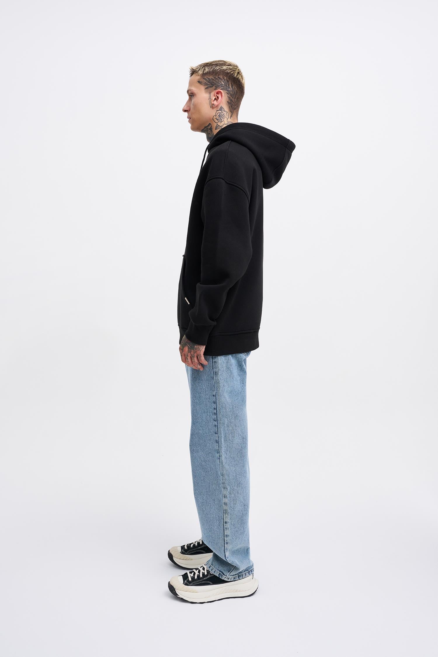 Erkek Middle Finger Baskılı Kapüşonlu Oversize Sweatshirt Siyah