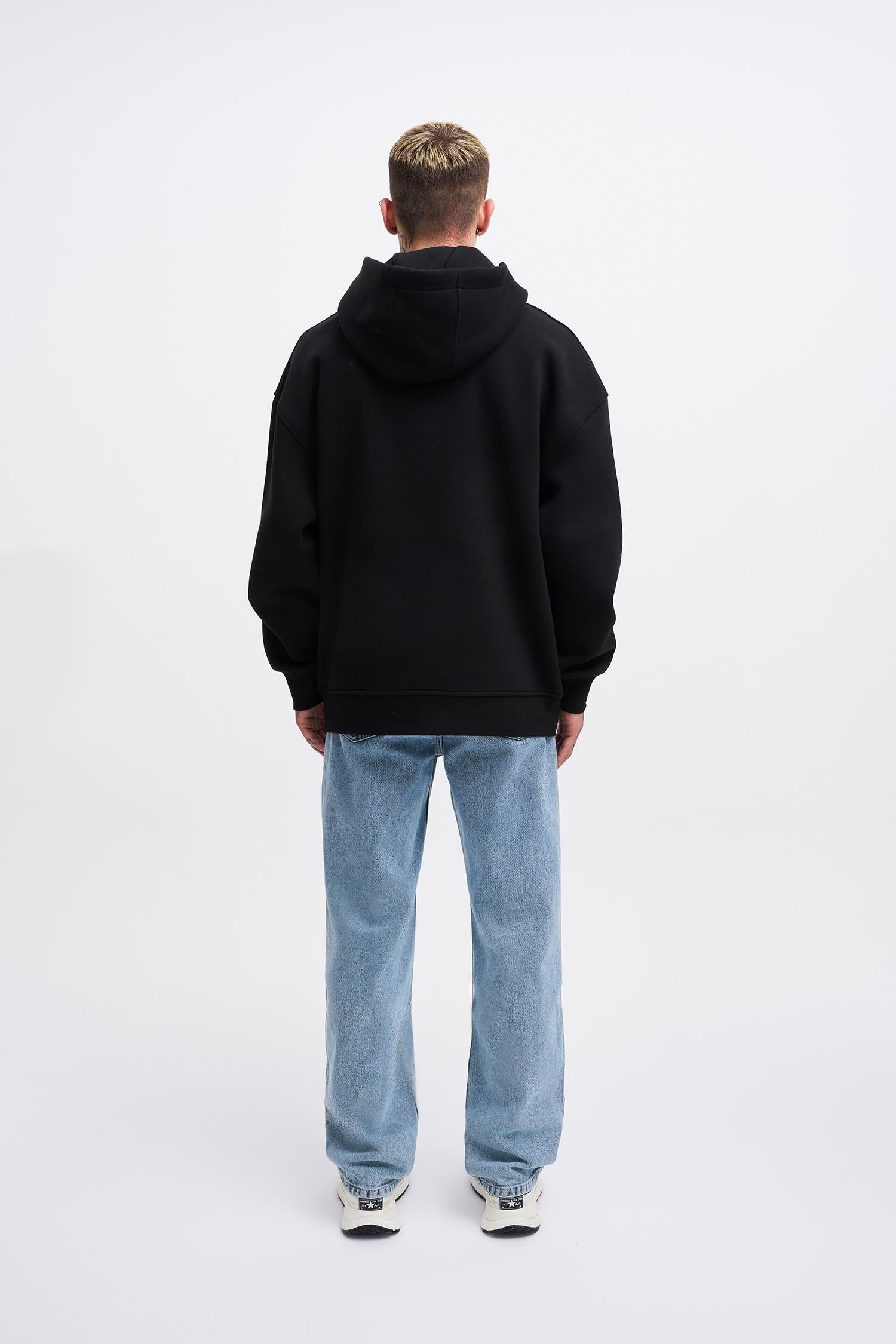 Erkek Middle Finger Baskılı Kapüşonlu Oversize Sweatshirt Siyah