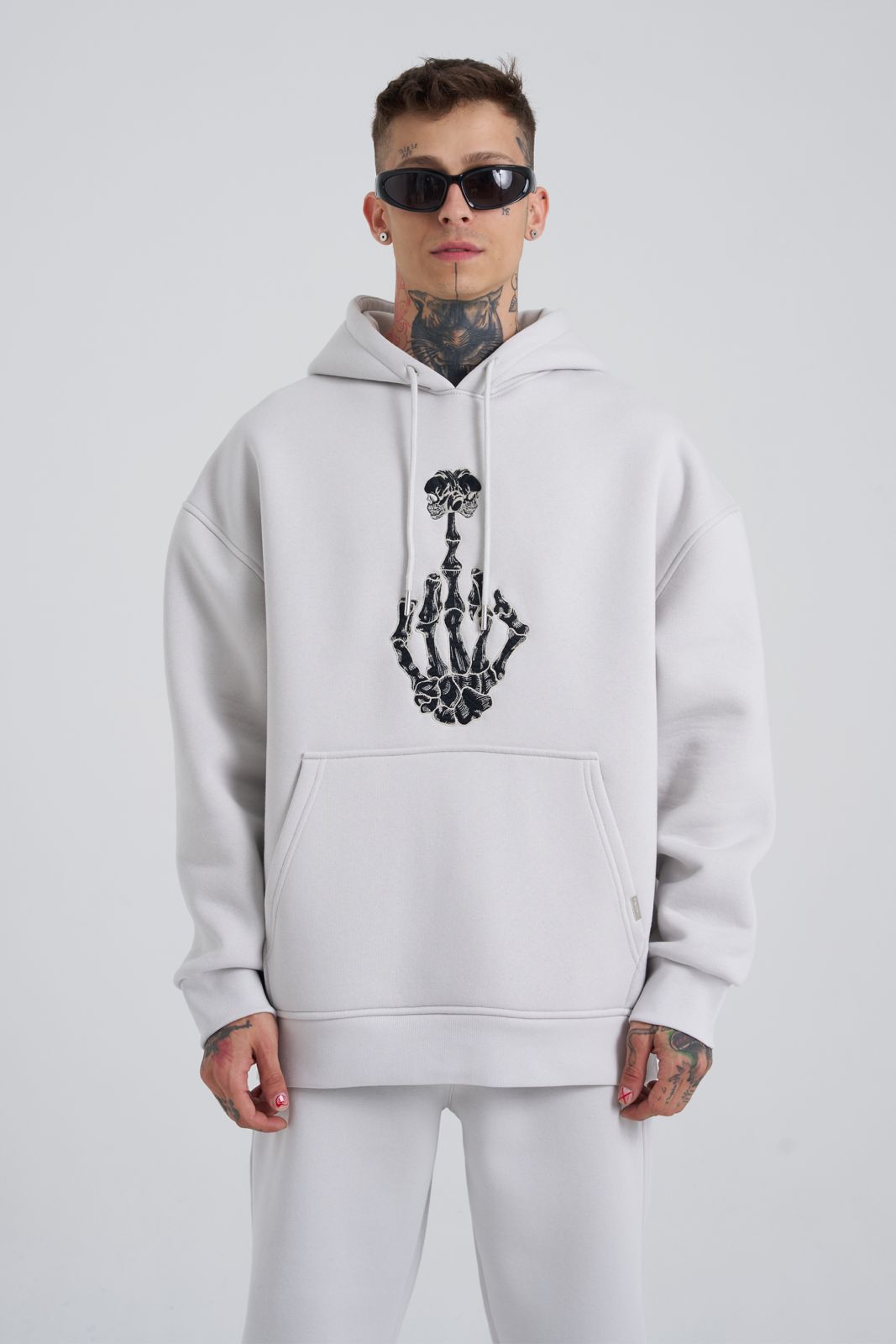Erkek Middle Finger Baskılı Kapüşonlu Oversize Sweatshirt Uzay Grisi