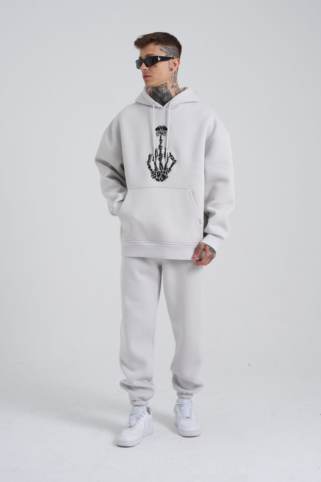 Erkek Middle Finger Baskılı Kapüşonlu Oversize Sweatshirt Uzay Grisi