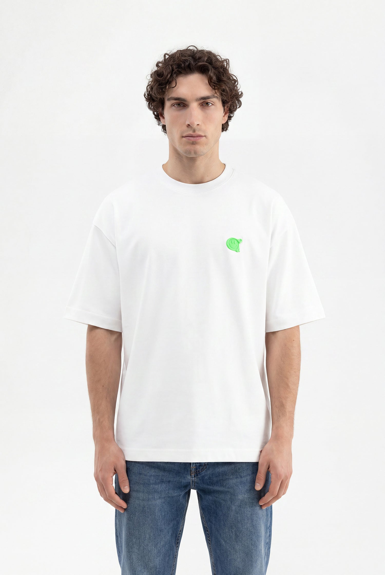 Erkek Minimal Baskılı İnterlok Oversize Tişört Ekru