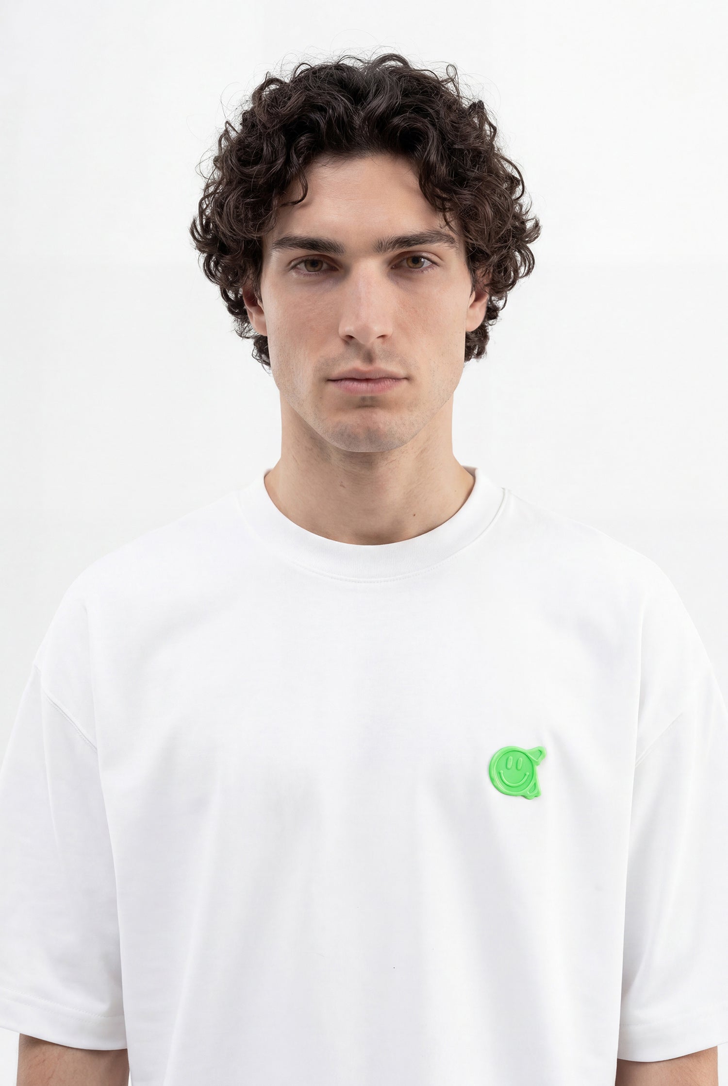 Erkek Minimal Baskılı İnterlok Oversize Tişört Ekru