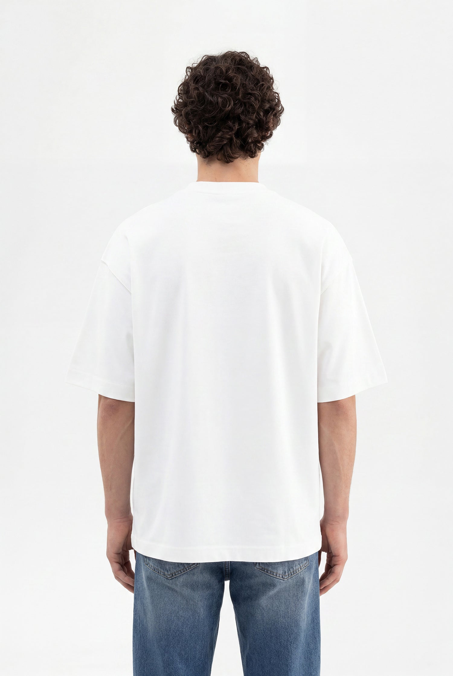 Erkek Minimal Baskılı İnterlok Oversize Tişört Ekru-3