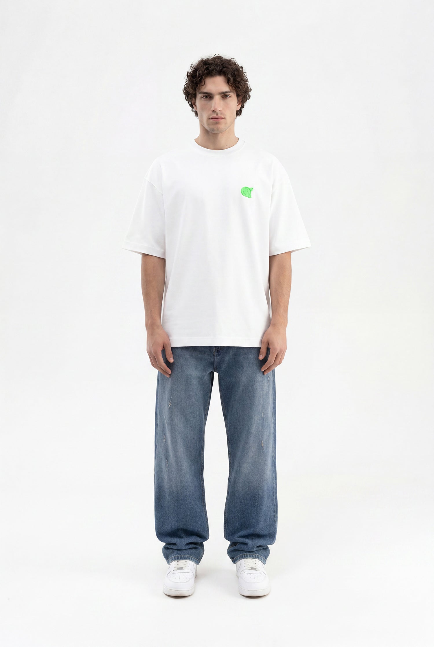 Erkek Minimal Baskılı İnterlok Oversize Tişört Ekru-4