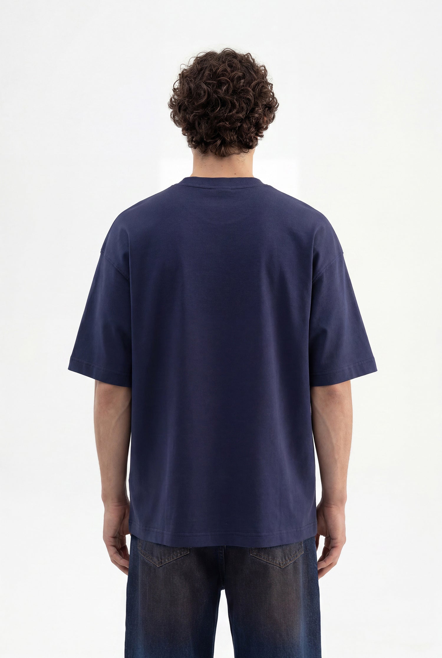 Erkek Minimal Baskılı İnterlok Oversize Tişört Gece Mavisi-3