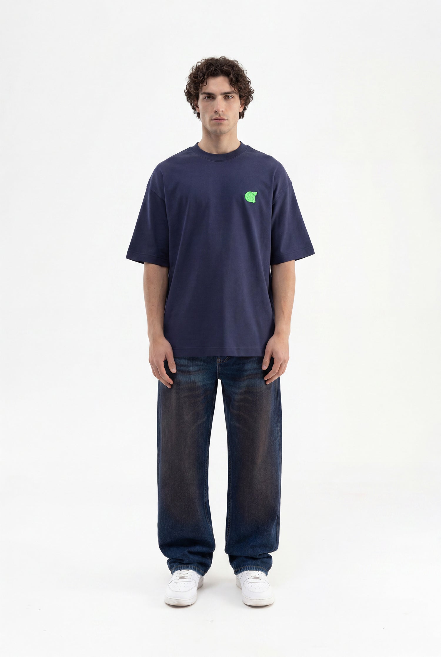 Erkek Minimal Baskılı İnterlok Oversize Tişört Gece Mavisi-4