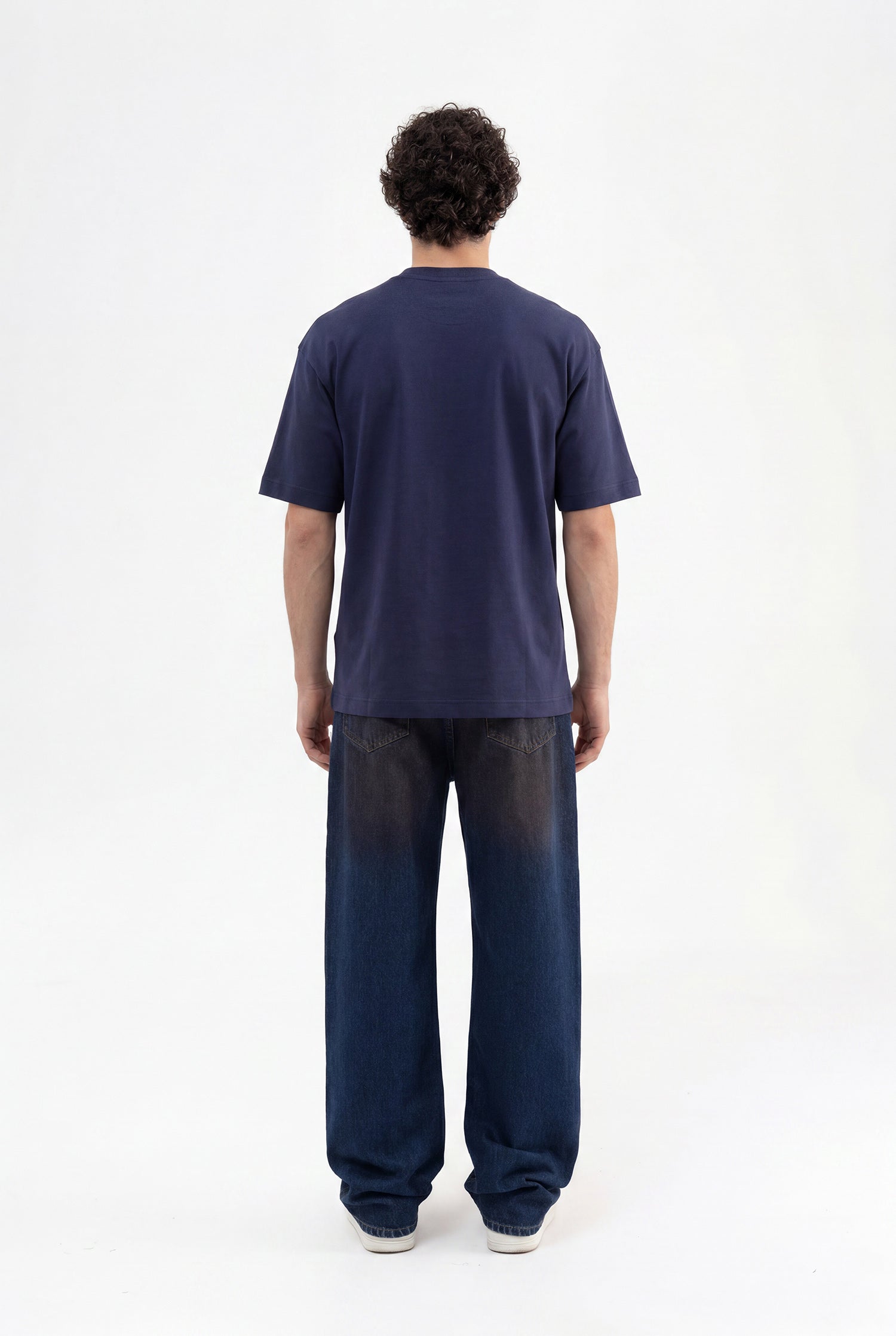 Erkek Minimal Baskılı İnterlok Oversize Tişört Gece Mavisi-5