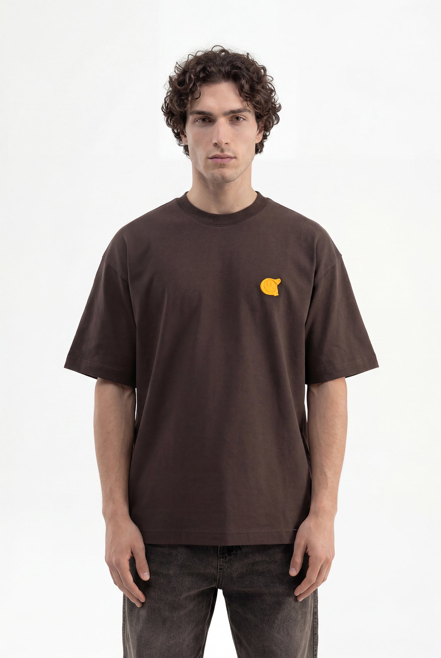 Erkek Minimal Baskılı İnterlok Oversize Tişört Koyu Kahverengi