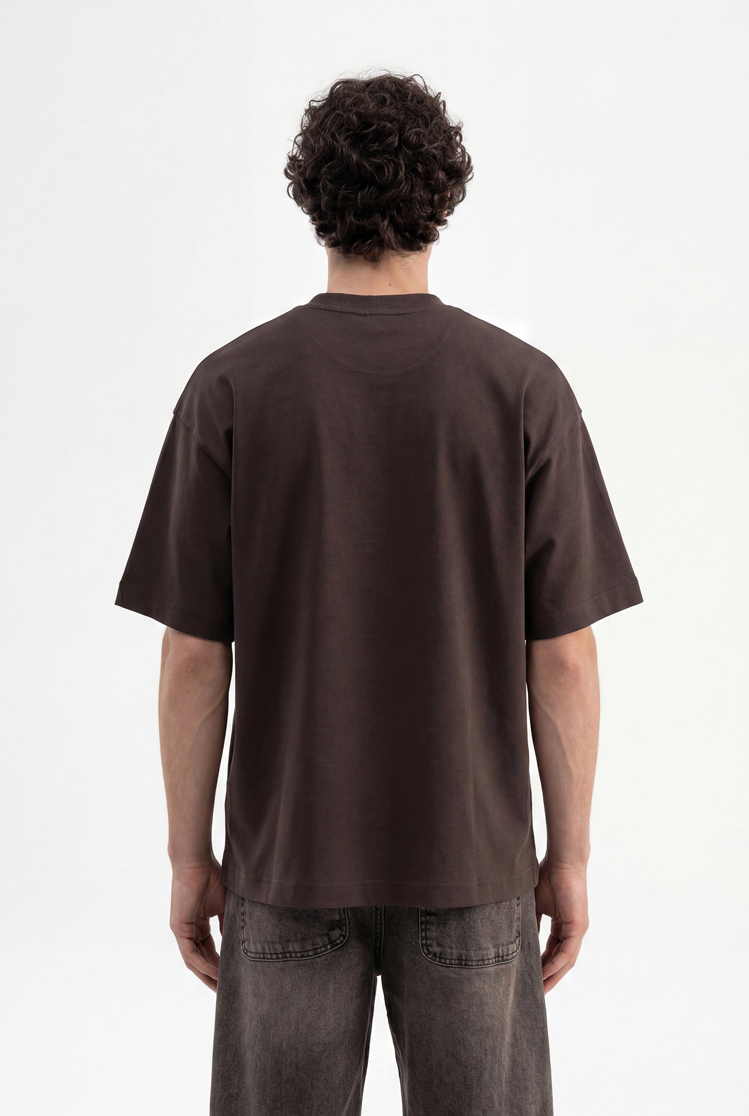 Erkek Minimal Baskılı İnterlok Oversize Tişört Koyu Kahverengi-3