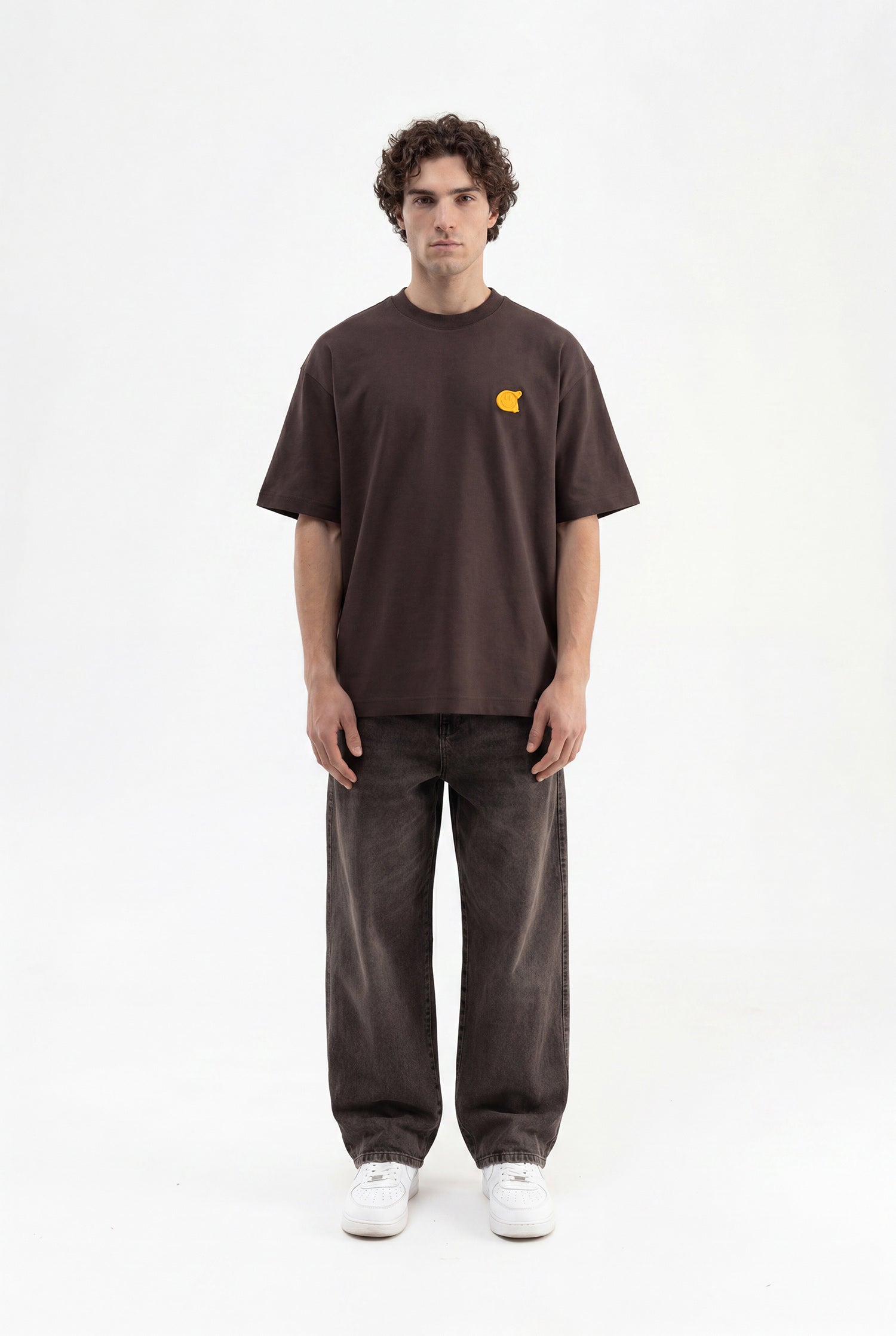 Erkek Minimal Baskılı İnterlok Oversize Tişört Koyu Kahverengi-4