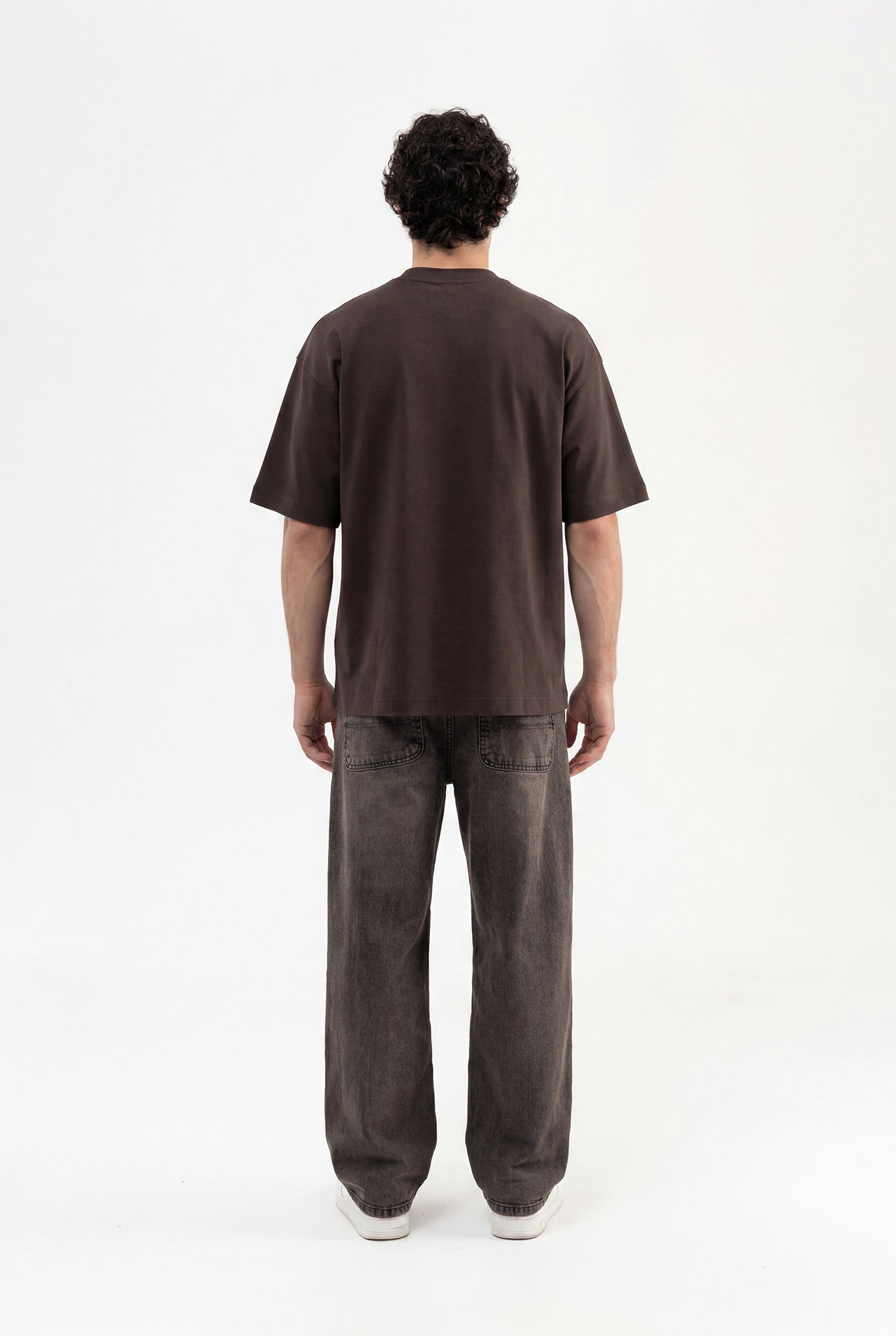 Erkek Minimal Baskılı İnterlok Oversize Tişört Koyu Kahverengi-5