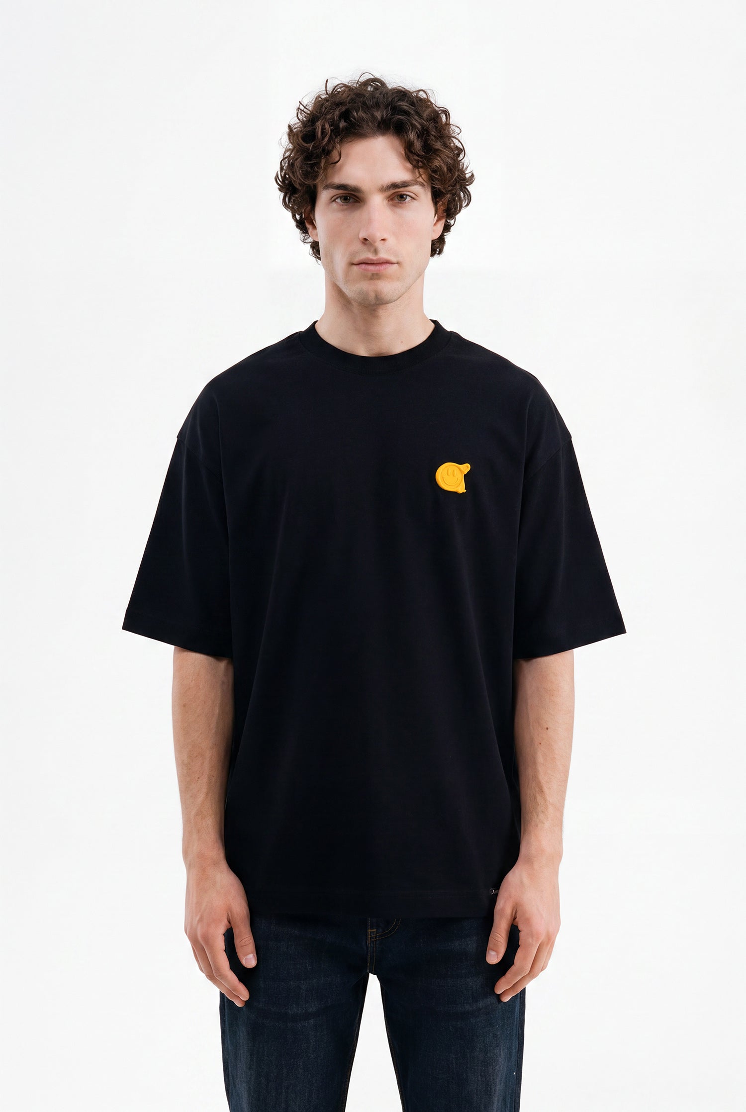 Erkek Minimal Baskılı İnterlok Oversize Tişört Siyah