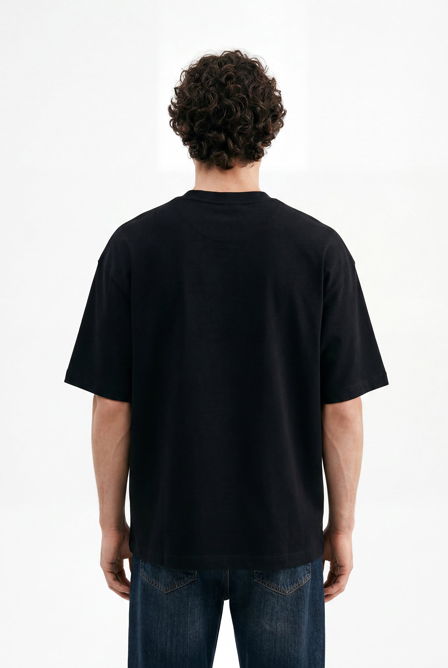 Erkek Minimal Baskılı İnterlok Oversize Tişört Siyah-3