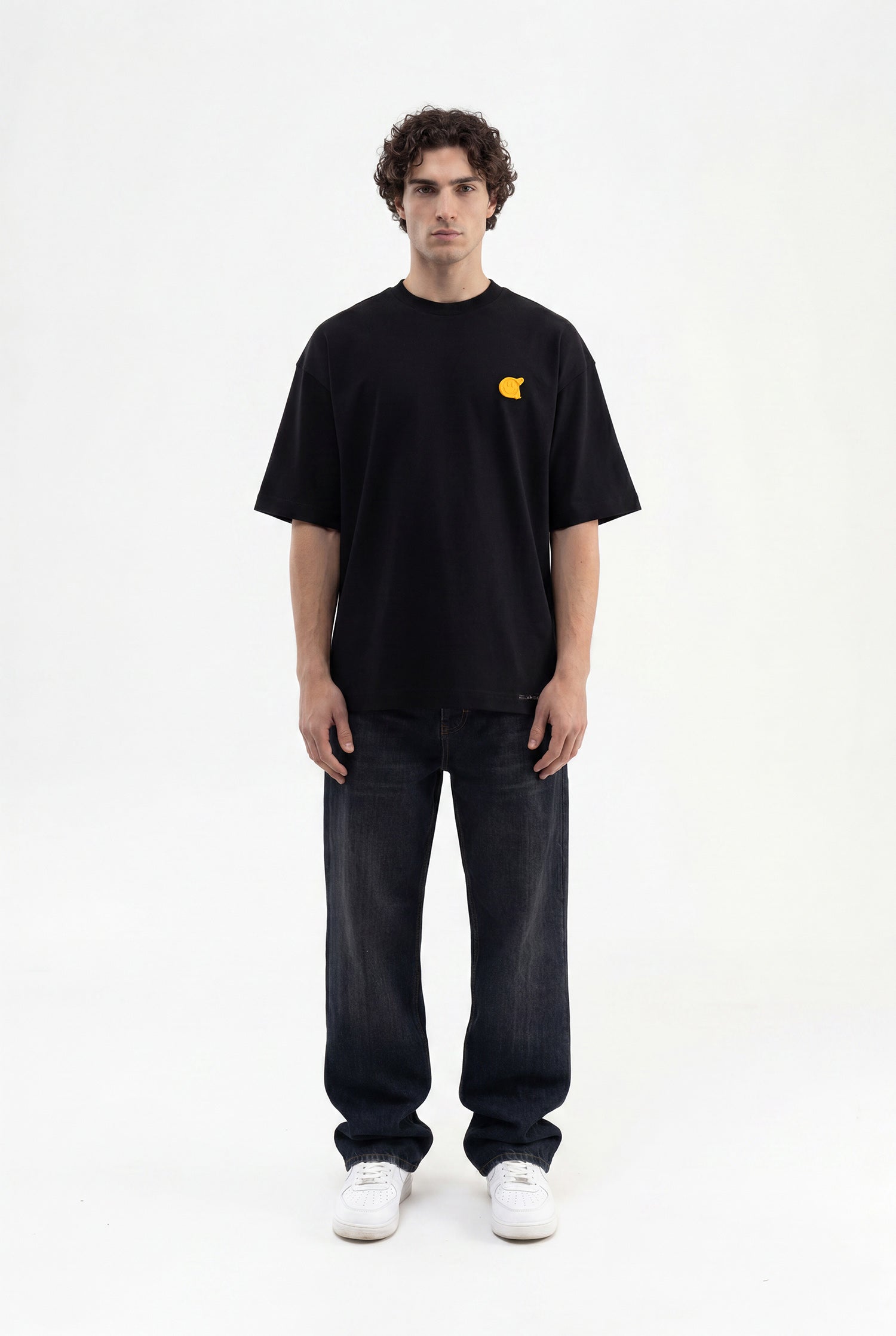 Erkek Minimal Baskılı İnterlok Oversize Tişört Siyah-4