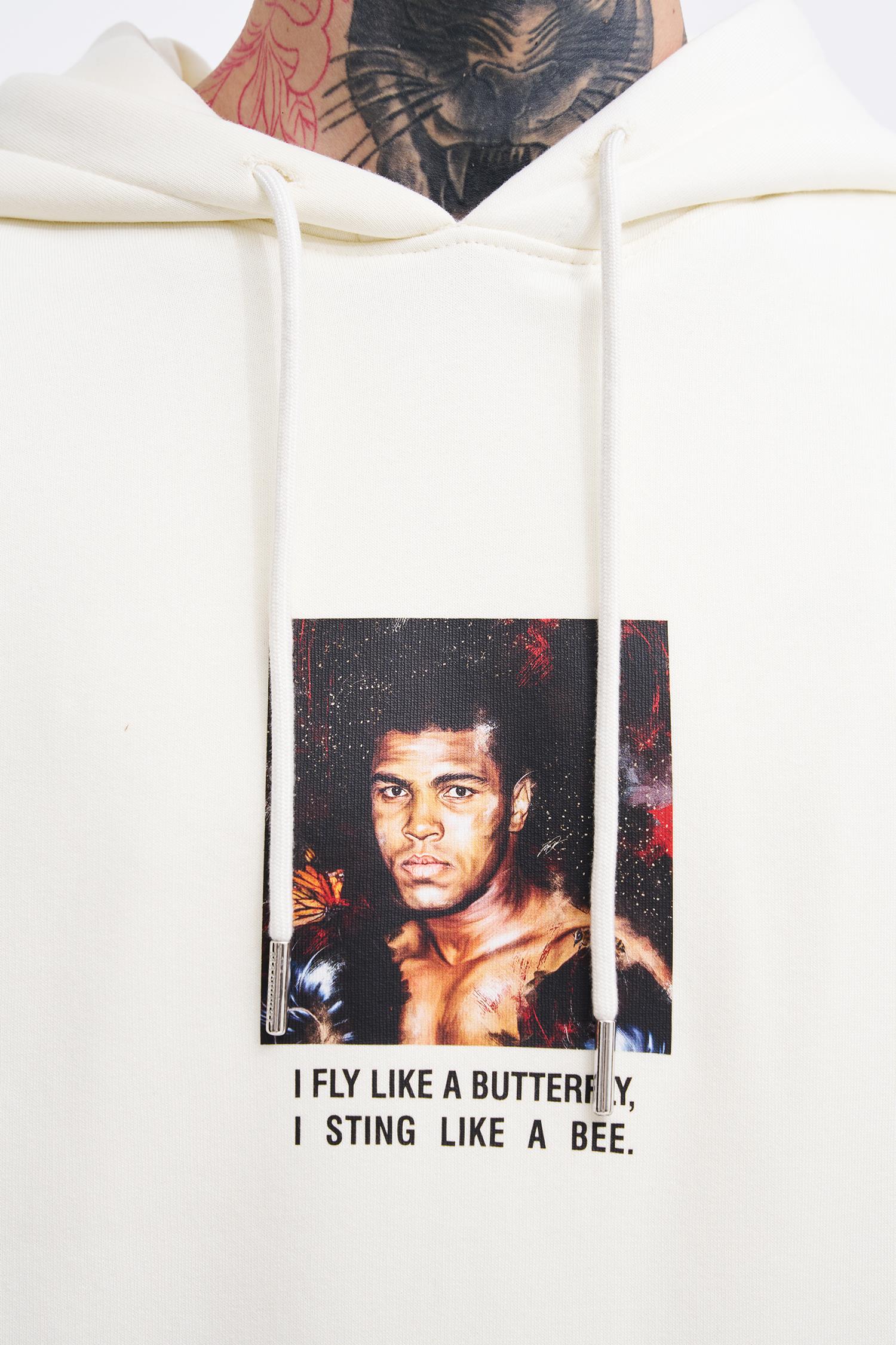 Erkek Muhammed Ali Baskılı Kapüşonlu Sweatshirt Ekru