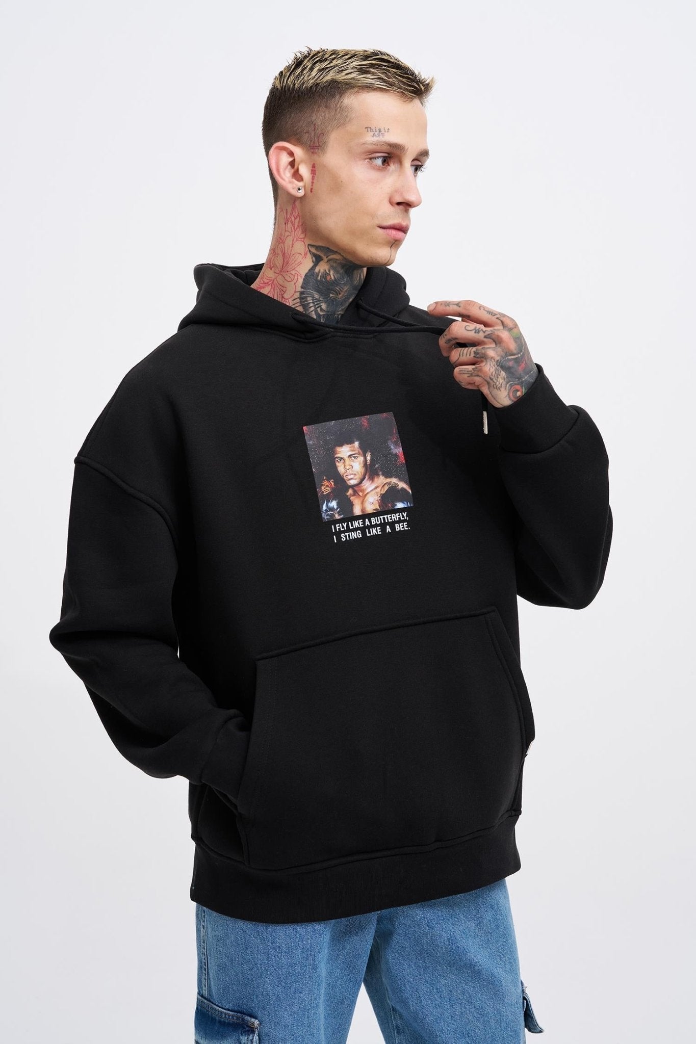 Erkek Muhammed Ali Baskılı Kapüşonlu Sweatshirt Siyah