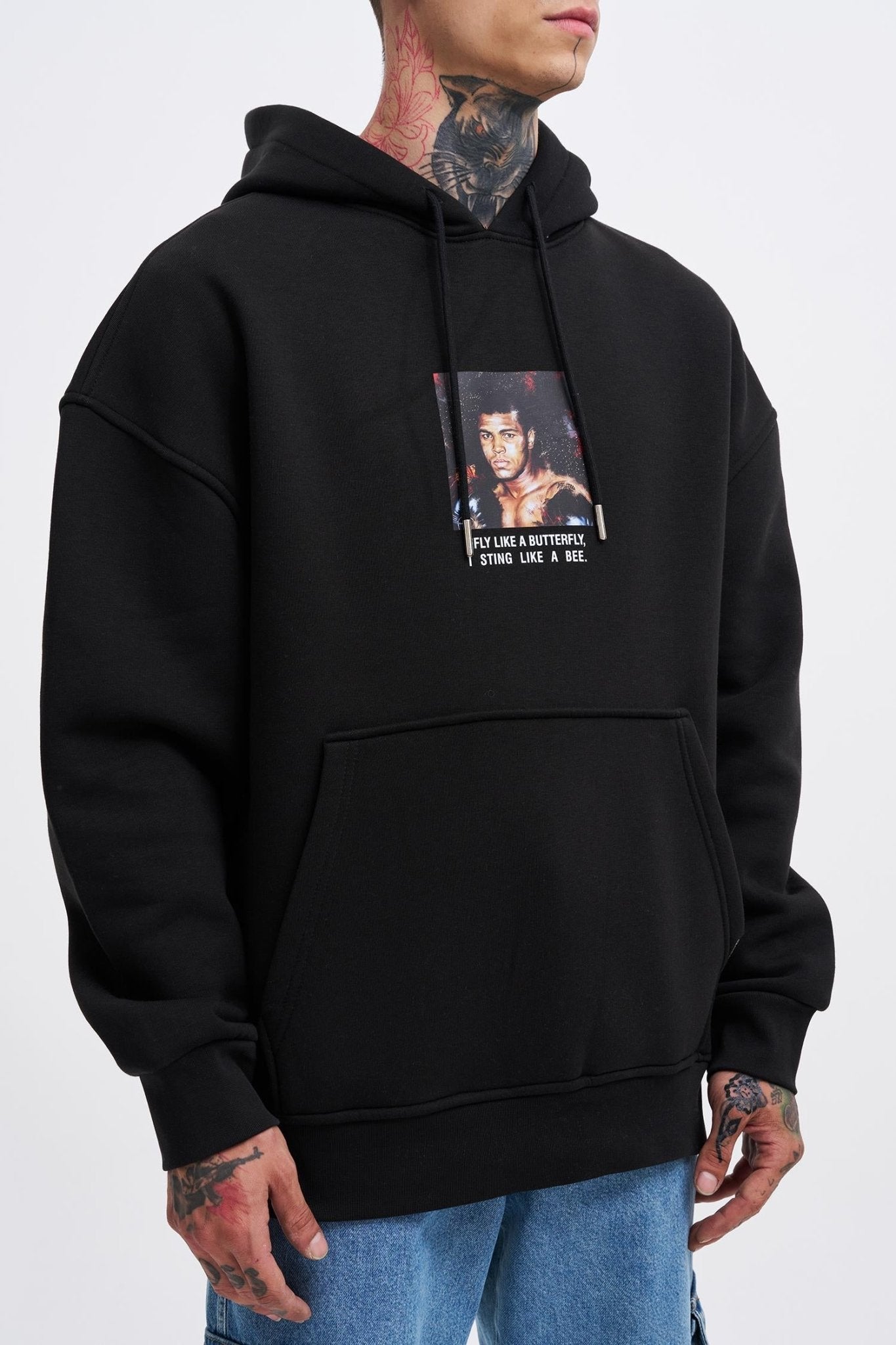 Erkek Muhammed Ali Baskılı Kapüşonlu Sweatshirt Siyah