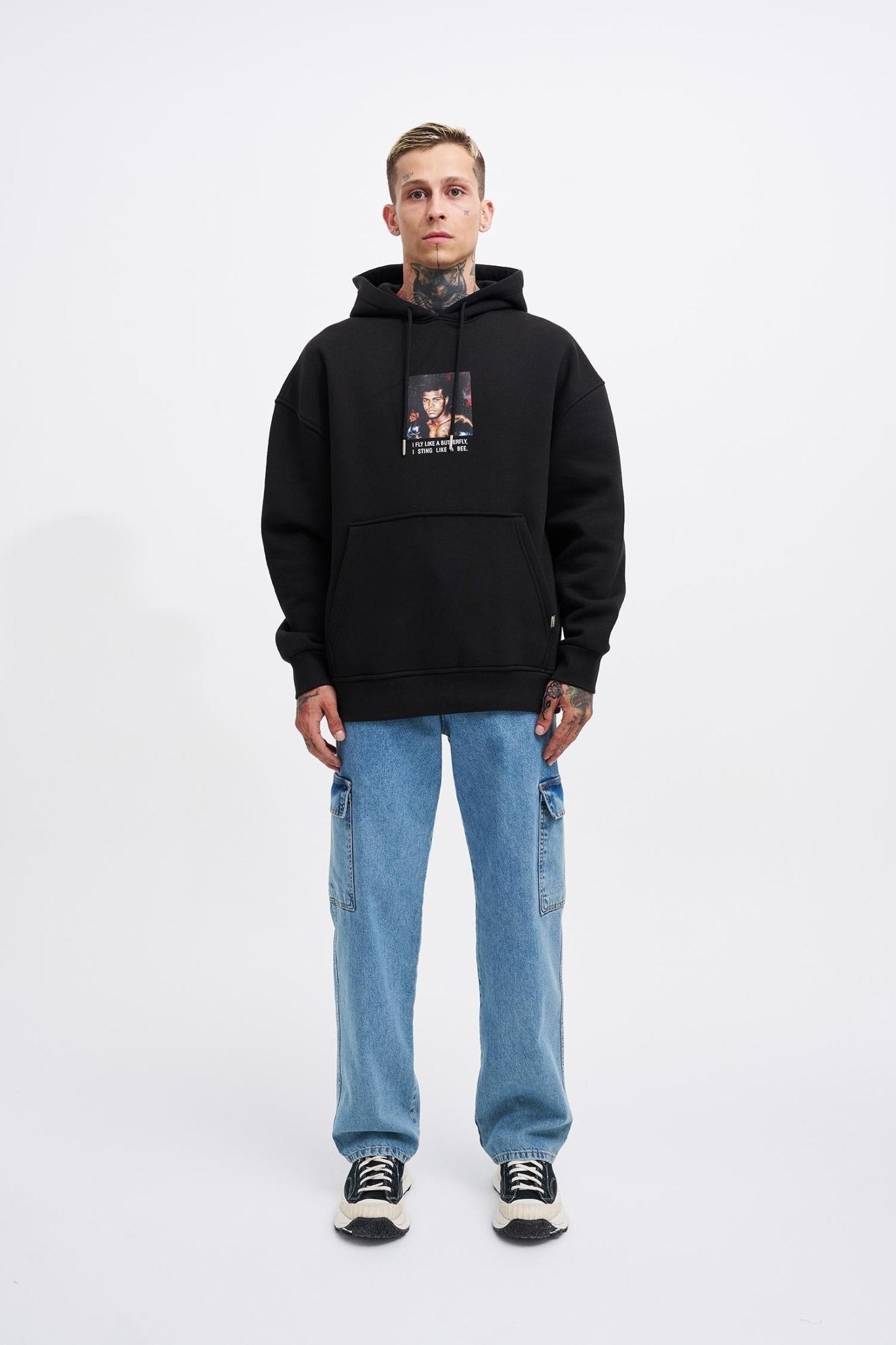Erkek Muhammed Ali Baskılı Kapüşonlu Sweatshirt Siyah