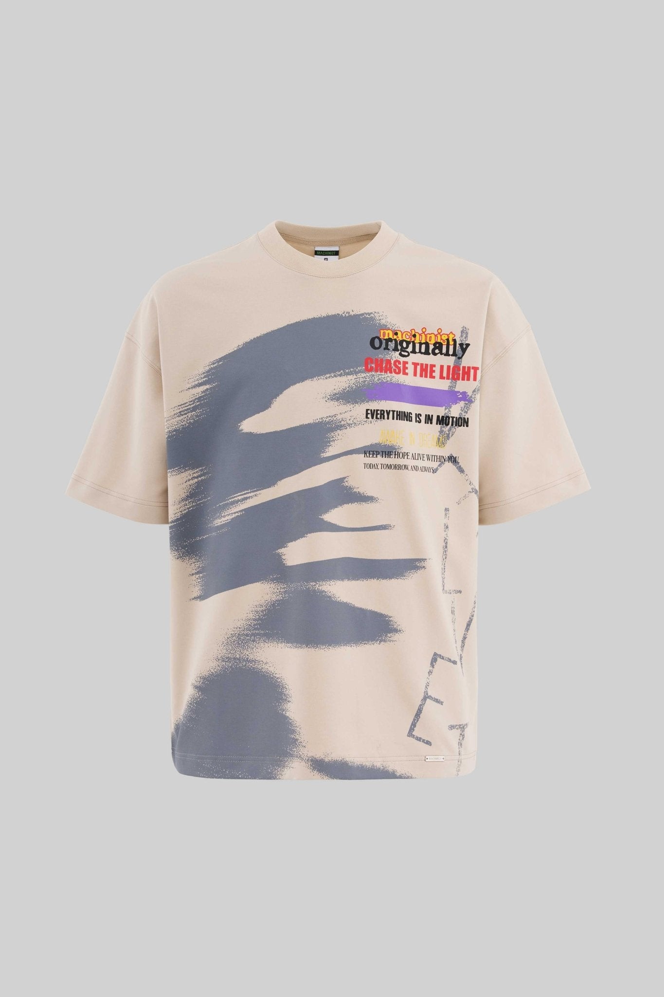 Erkek Multi Colored And Slogan Printed Oversi̇ze Ti̇şört Açık Bej