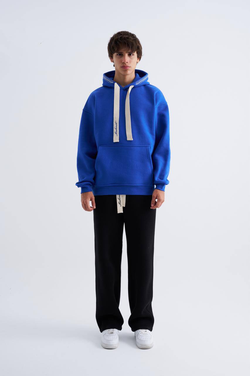 Erkek Nakış Detaylı Kapüşonlu Sweatshirt Açık Mavi