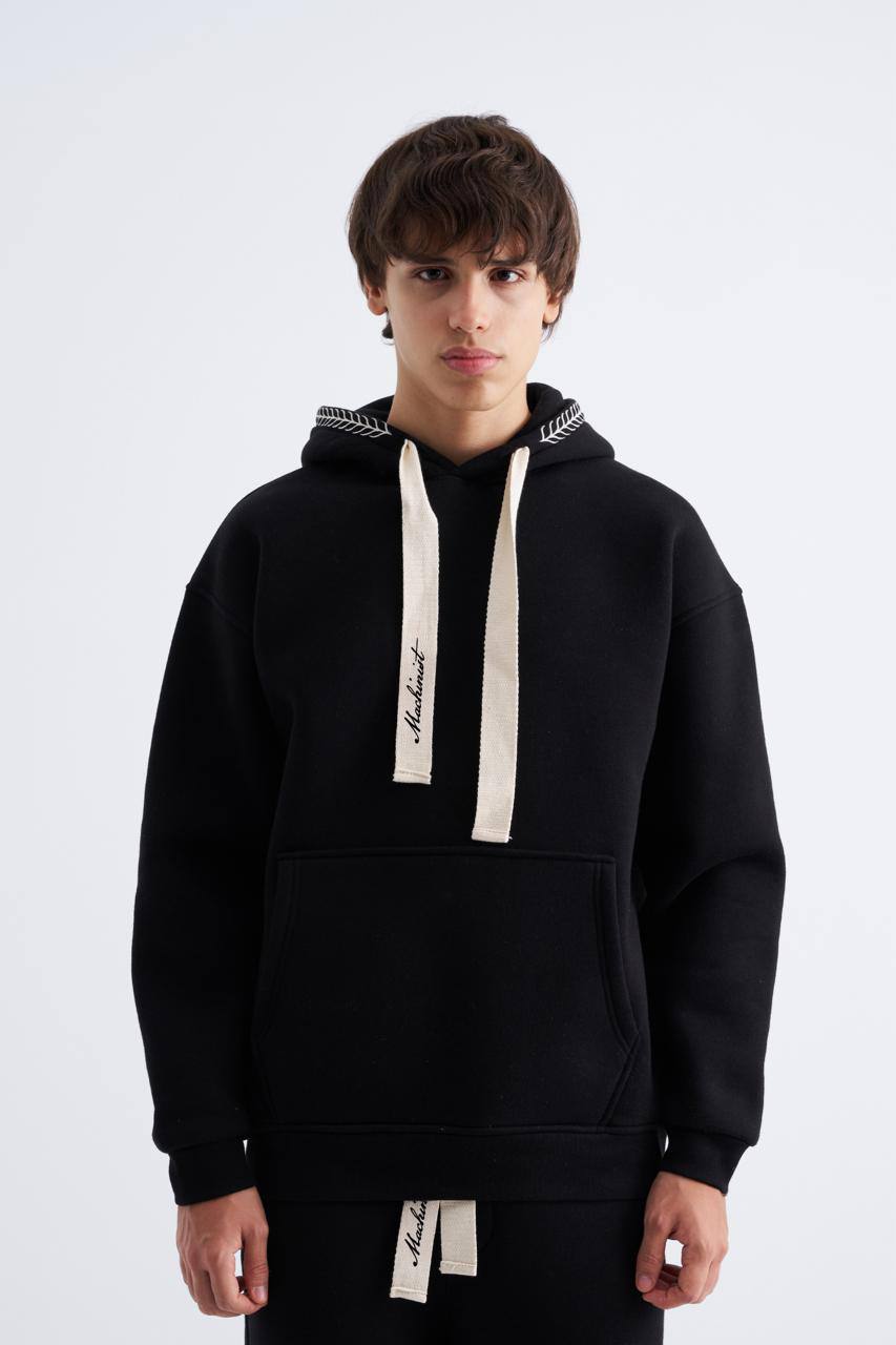 Erkek Nakış Detaylı Kapüşonlu Sweatshirt Siyah