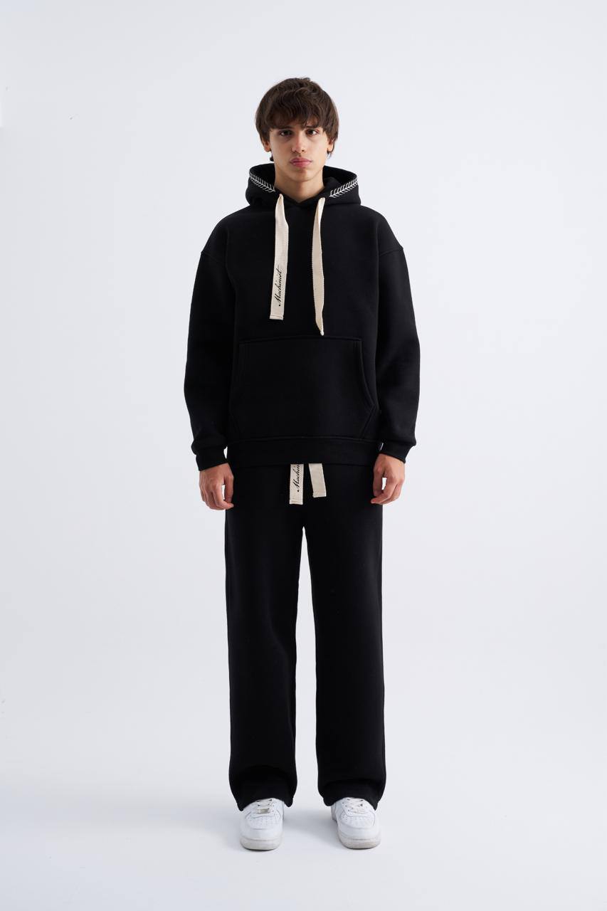 Erkek Nakış Detaylı Kapüşonlu Sweatshirt Siyah