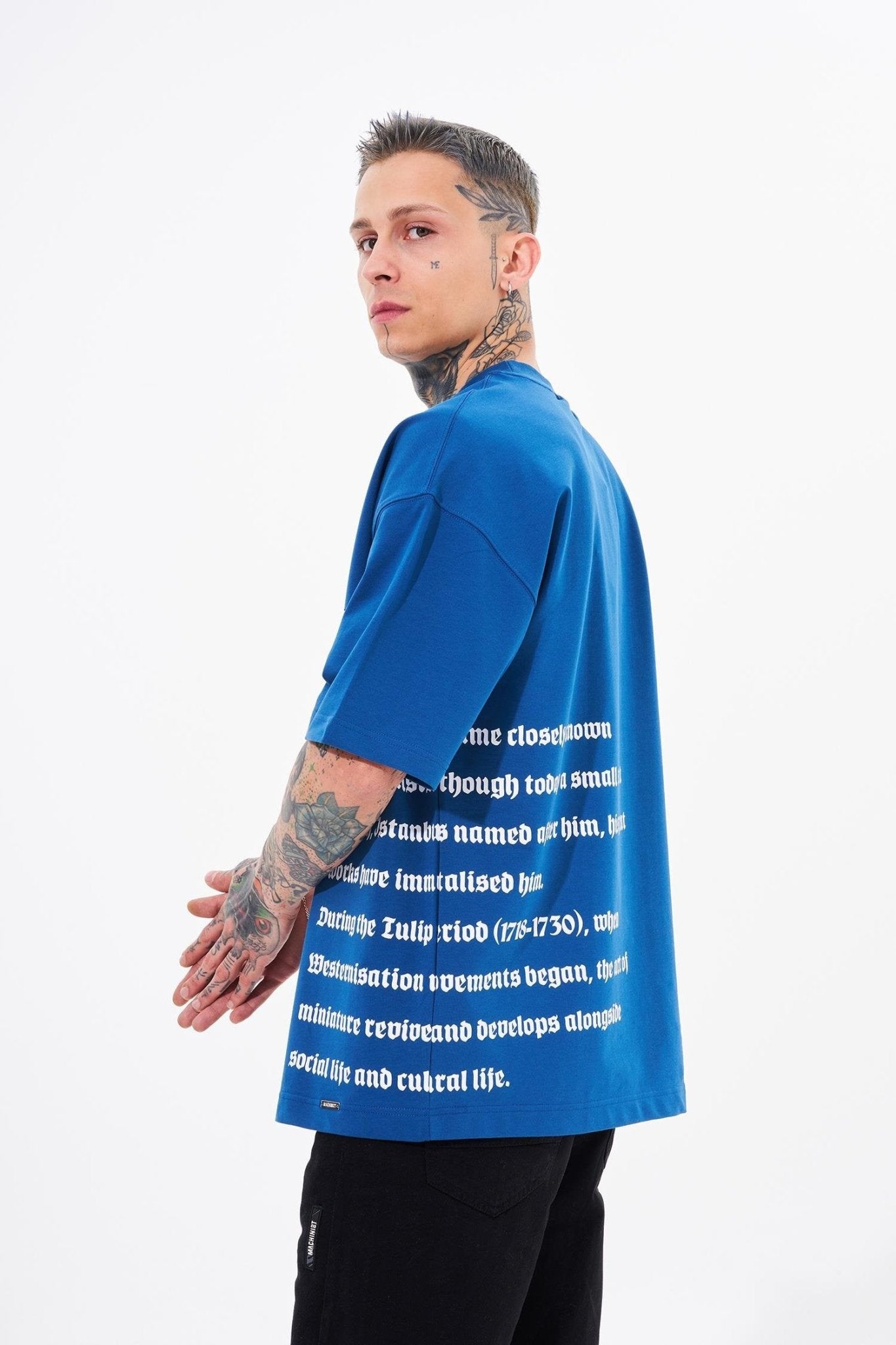 Erkek Nakışlı Baskı Detay Oversize Tişört Indigo